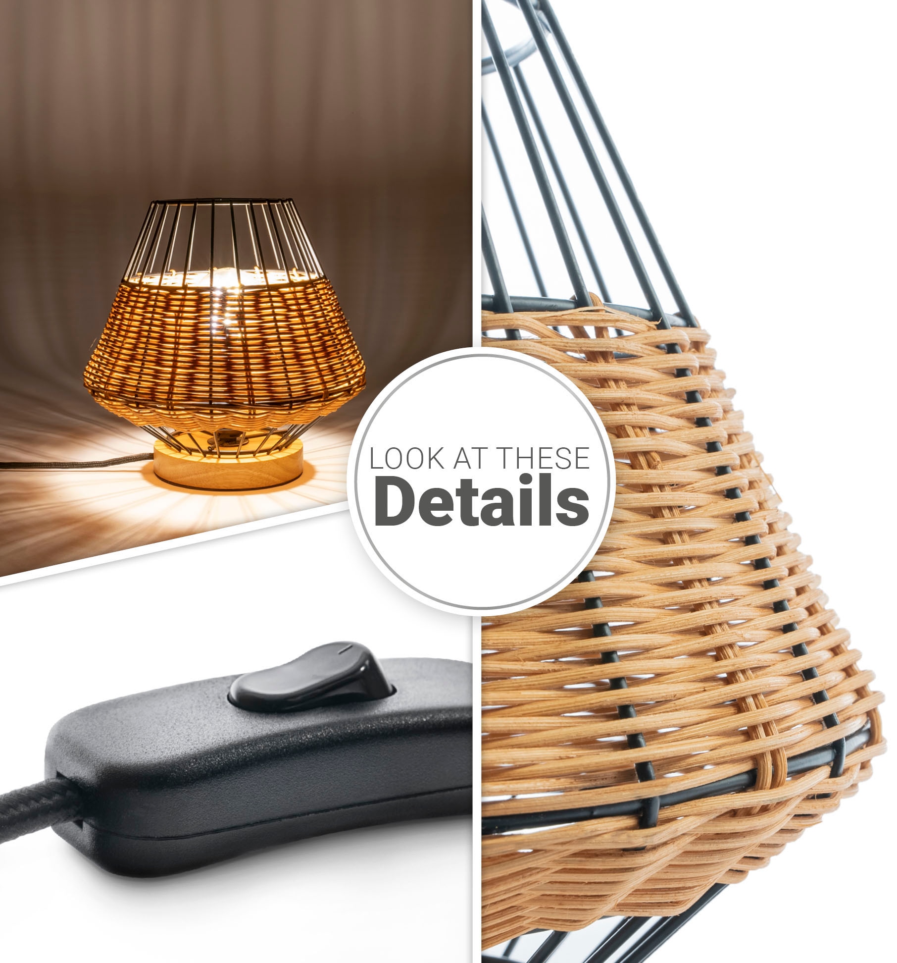 Paco Home Tischleuchte »PUNTO«, Leuchtmittel E27 | ohne Leuchtmittel, Rattan LED Käfig Lampe Boho Style Nacht Rustikal Holz E27