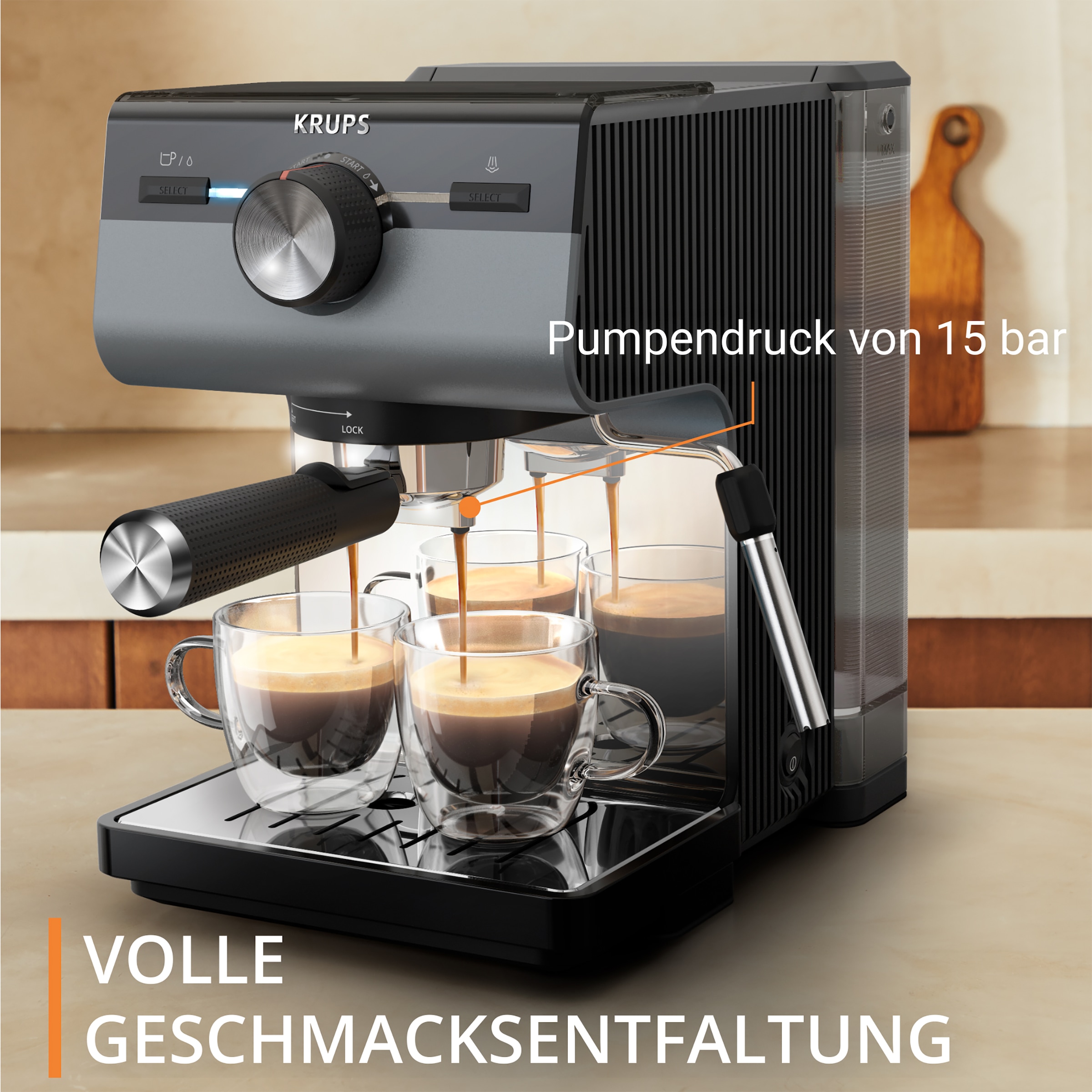 Krups Espressomaschine »XP384G Authentic+, Siebträger«, intuitives Bedienfeld, Milch-Aufschäumdüse, 3 Siebeinsätze