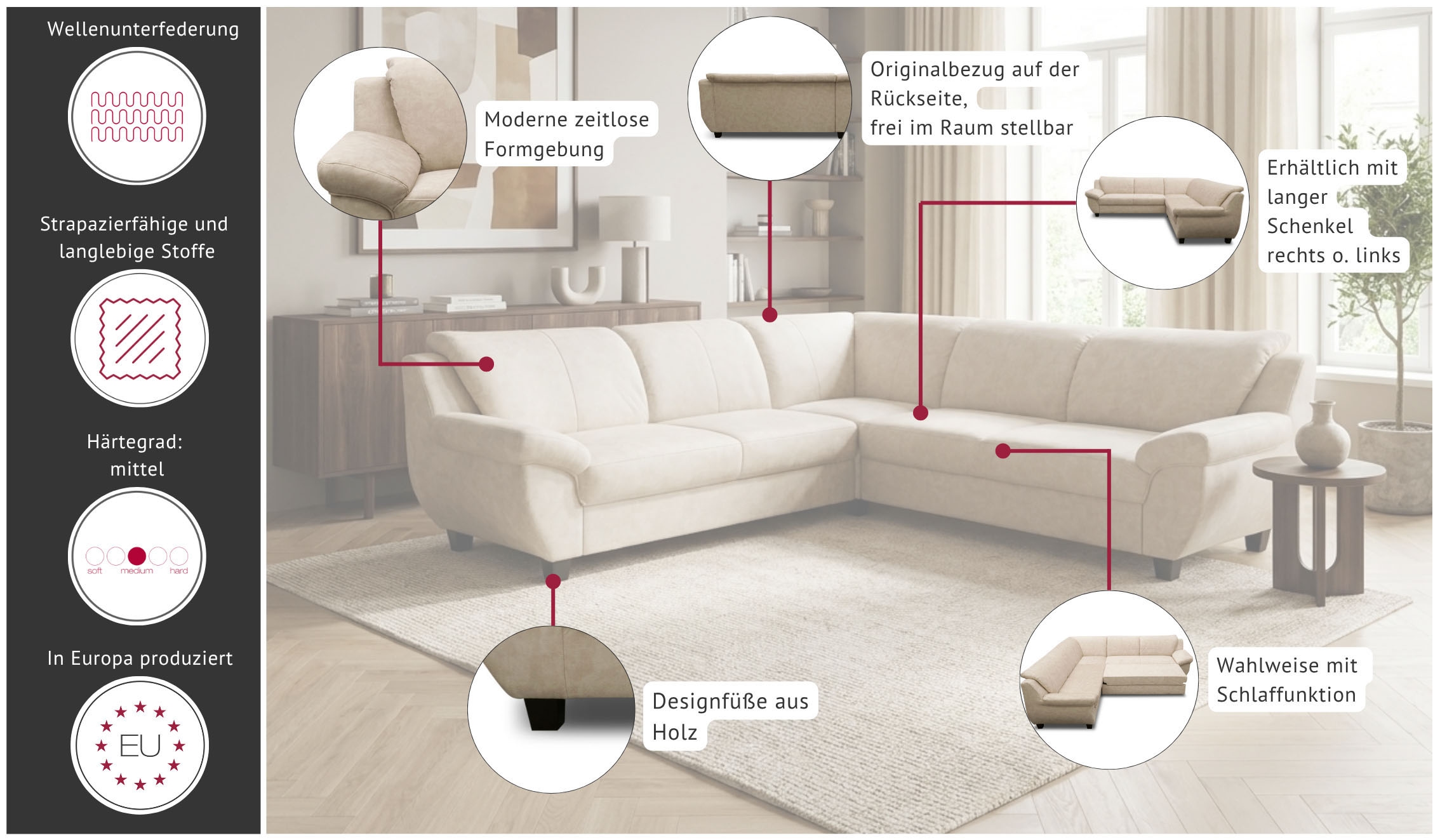 OTTO home Ecksofa »Sillkeborg 251 x 251 cm, formschönes Sofa mit dunklen Füßen« aus haustierfreundlichem Pet Friendly Bezug