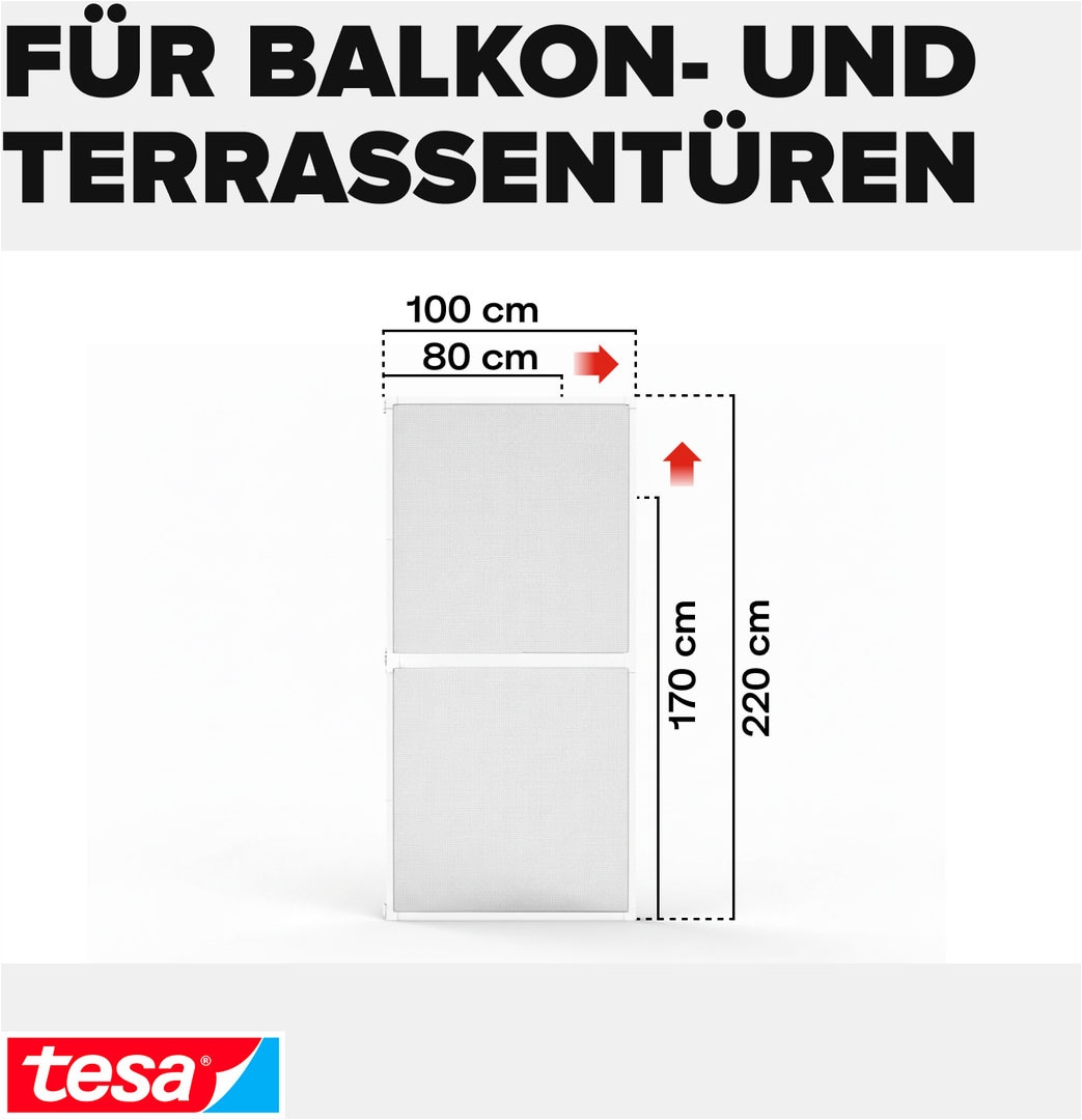 tesa Insektenschutz-Tür »Insect Stop Falt Fliegengitter für Türen - max. 1 m : 2,20 m« Packung, Teleskop Alu Rahmen, 1 Stk. tlg. mit verstellbarem Rahmen aus Aluminium - ohne Bohren