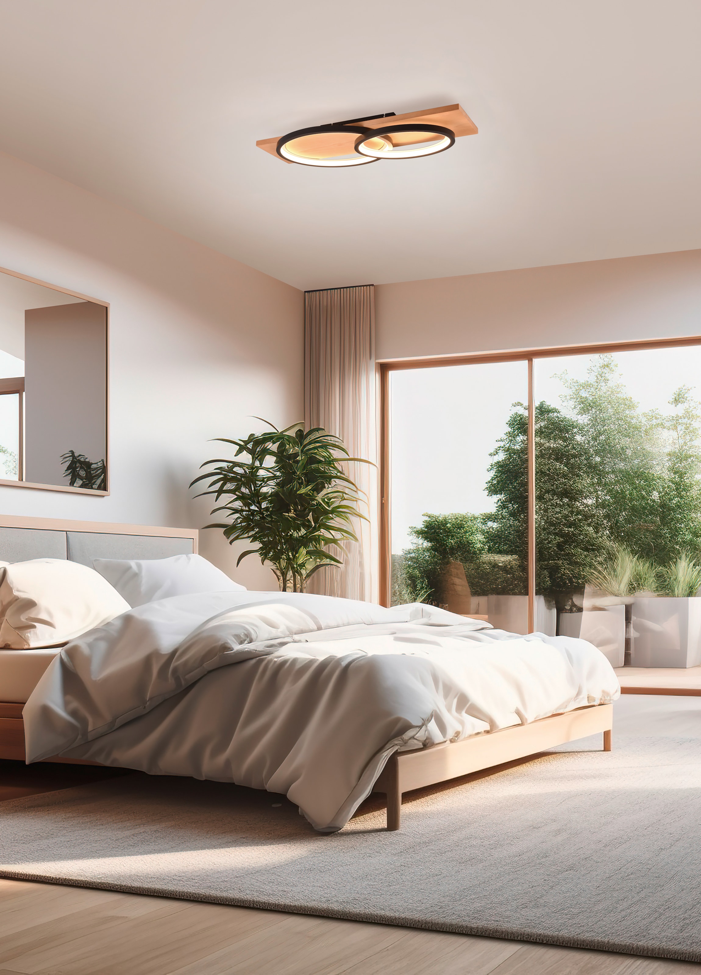 TRIO Leuchten LED Deckenleuchte »BARCA, dimmbare Deckenlampe aus Holz & Metall mit indirektem Licht« LED-Board 1 Stk. Warmweiß LED warmweiß & 3500 Lumen, für Wand- und Deckenmontage, 3 Dimmstufen