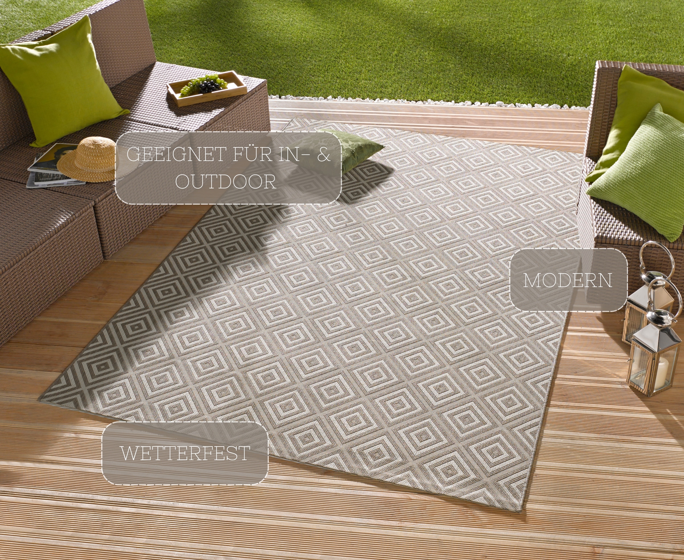 NORTHRUGS Teppich »Karo«, rechteckig, 8 mm Höhe, In- & Outdoor, Läufer, Wetterfest, Raute, Balkon, Garten, Flur