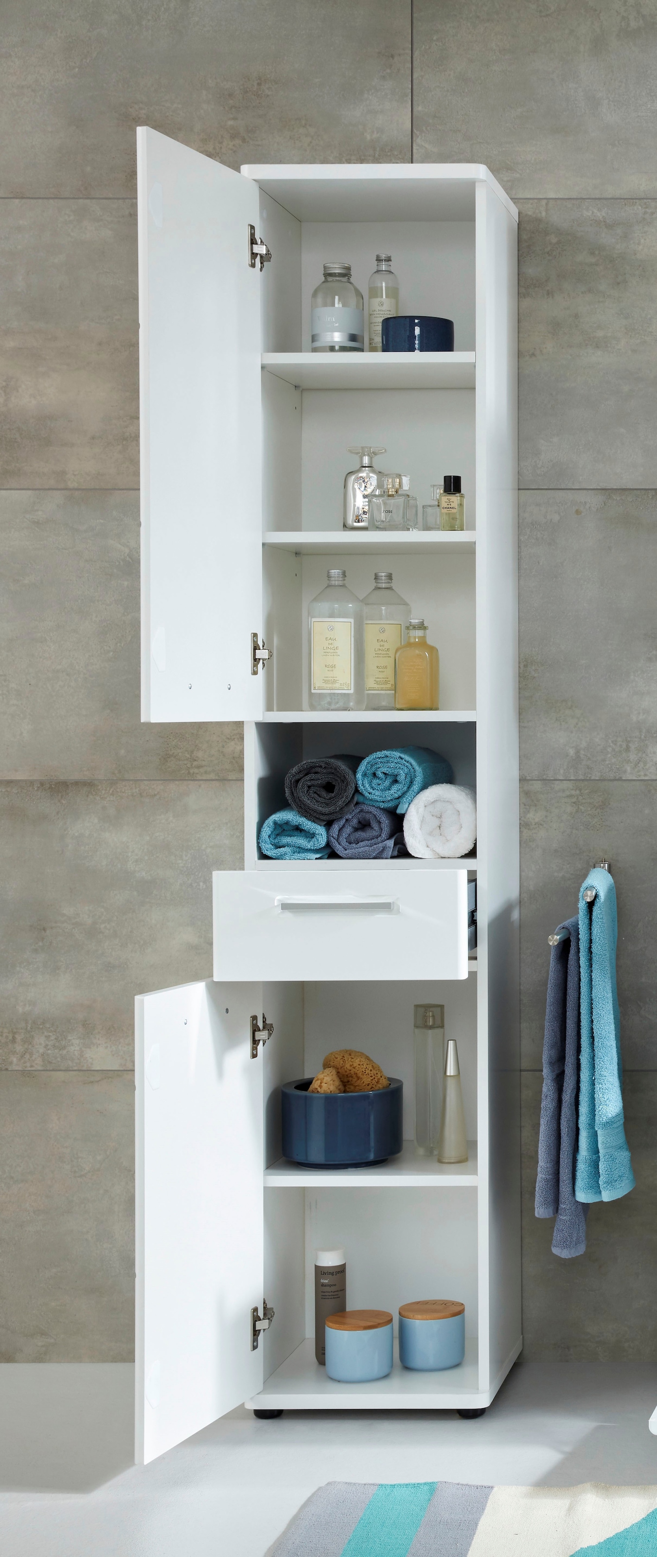 welltime Hochschrank »Mora«, Weißer Badschrank mit Schublade und 2 Türen - (B/T/H) 37/34/189 cm