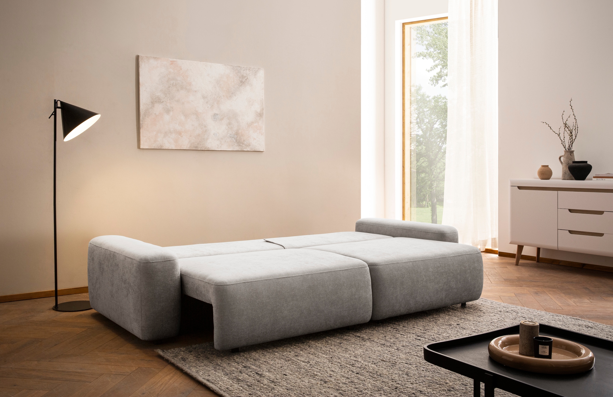 INOSIGN 3-Sitzer »TORGE (257cm), Sofa,Schlafsofa in Cord, Samtvelours, Struktur fein«, rundes Design, Schlaffunktion u. Bettkasten, Liegefläche: 135/200 cm