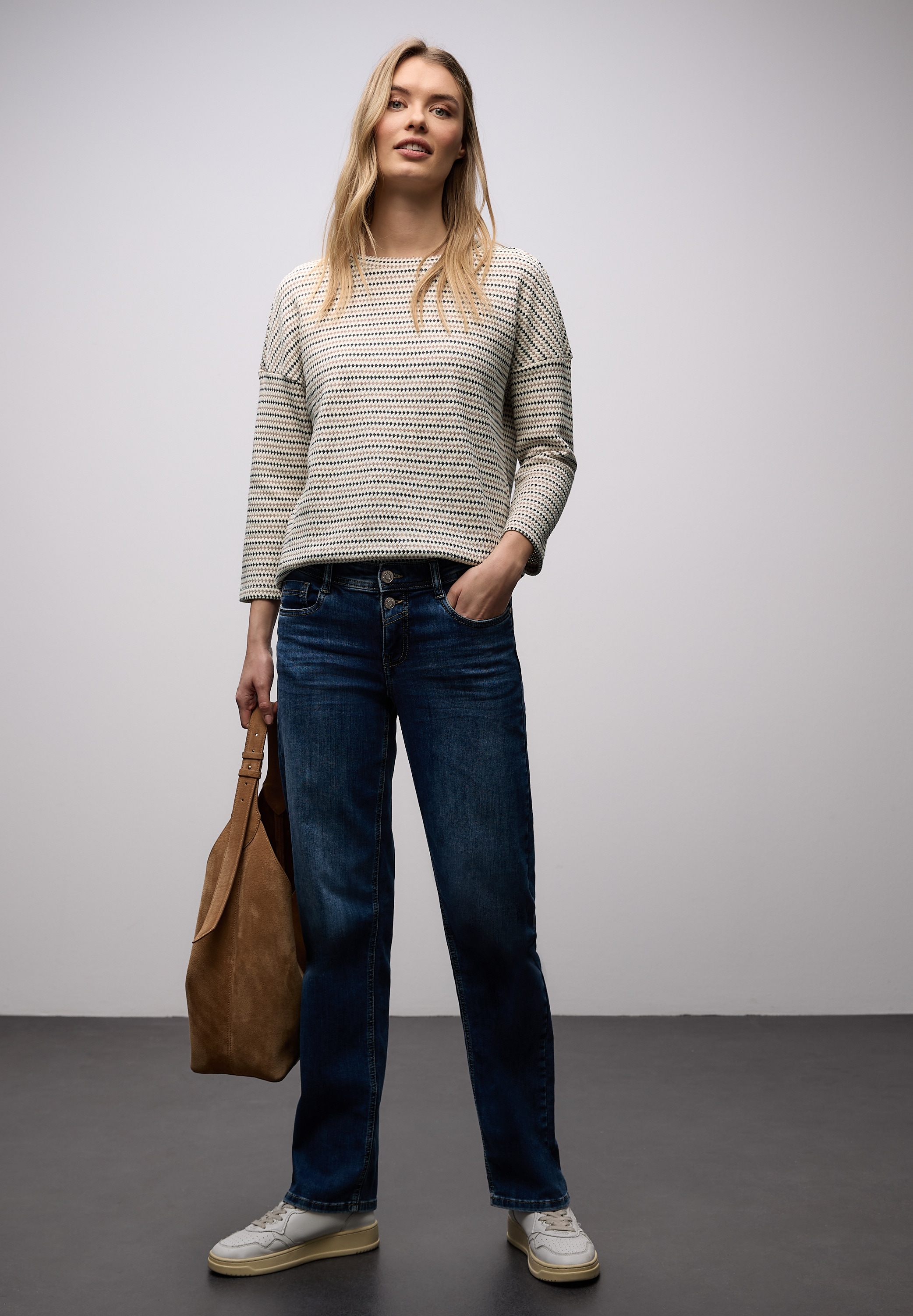 STREET ONE 3/4-Arm-Shirt mit gestreiften Strick-Look und U-Boot-Ausschnitt