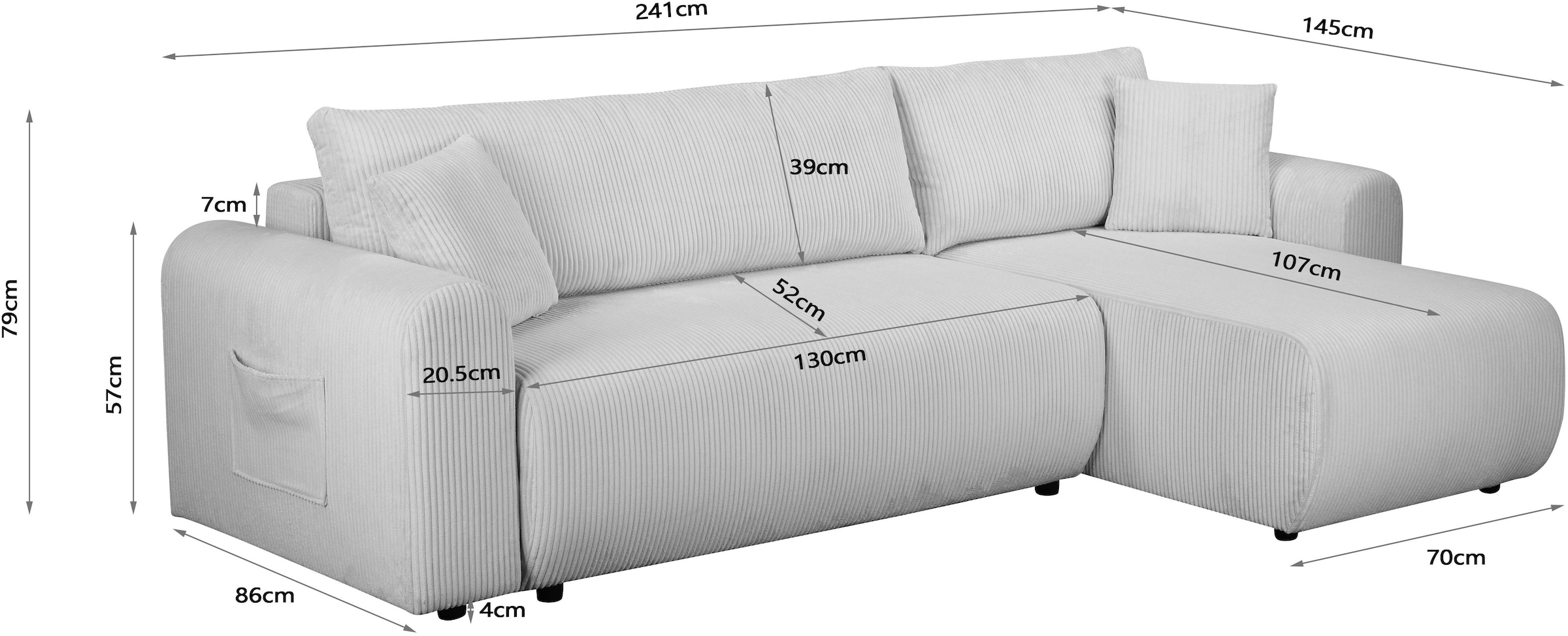 OTTO home Ecksofa »JONAA Cord L-Form, 241cm. OTTO. Verlässliche Qualität« Tonnentaschen-Federkern, Bettkasten, Schlafsofa (133/200)
