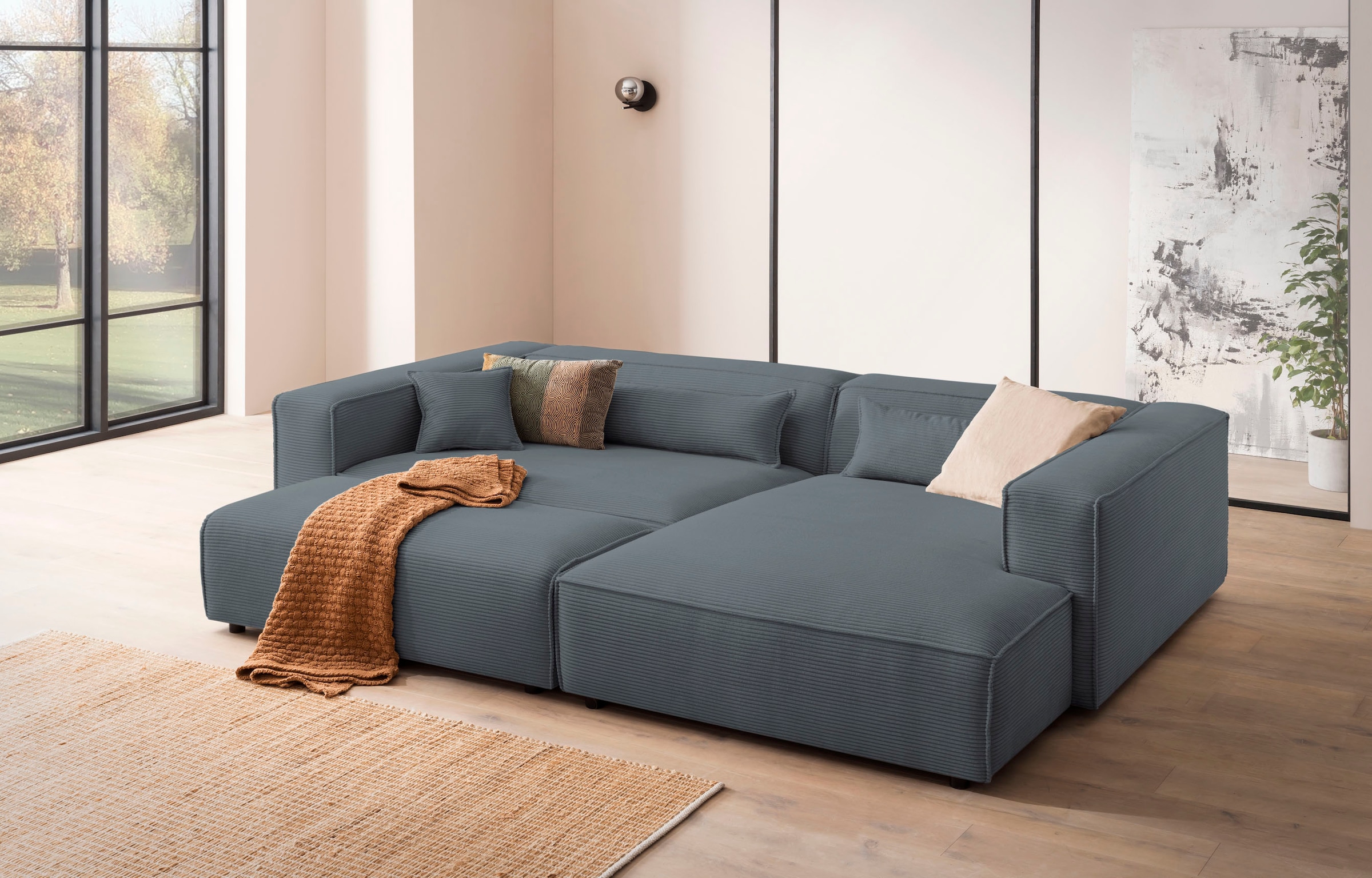 LeGer Home by Lena Gercke Polsterecke »PIARA XXL, L-Form mit Schlaffunktion, Big-Sofa in Cord o. Leinenoptik«, Hocker stellbar zum Schlafsofa (Krokodilverbinder), tiefe Sitzfläche