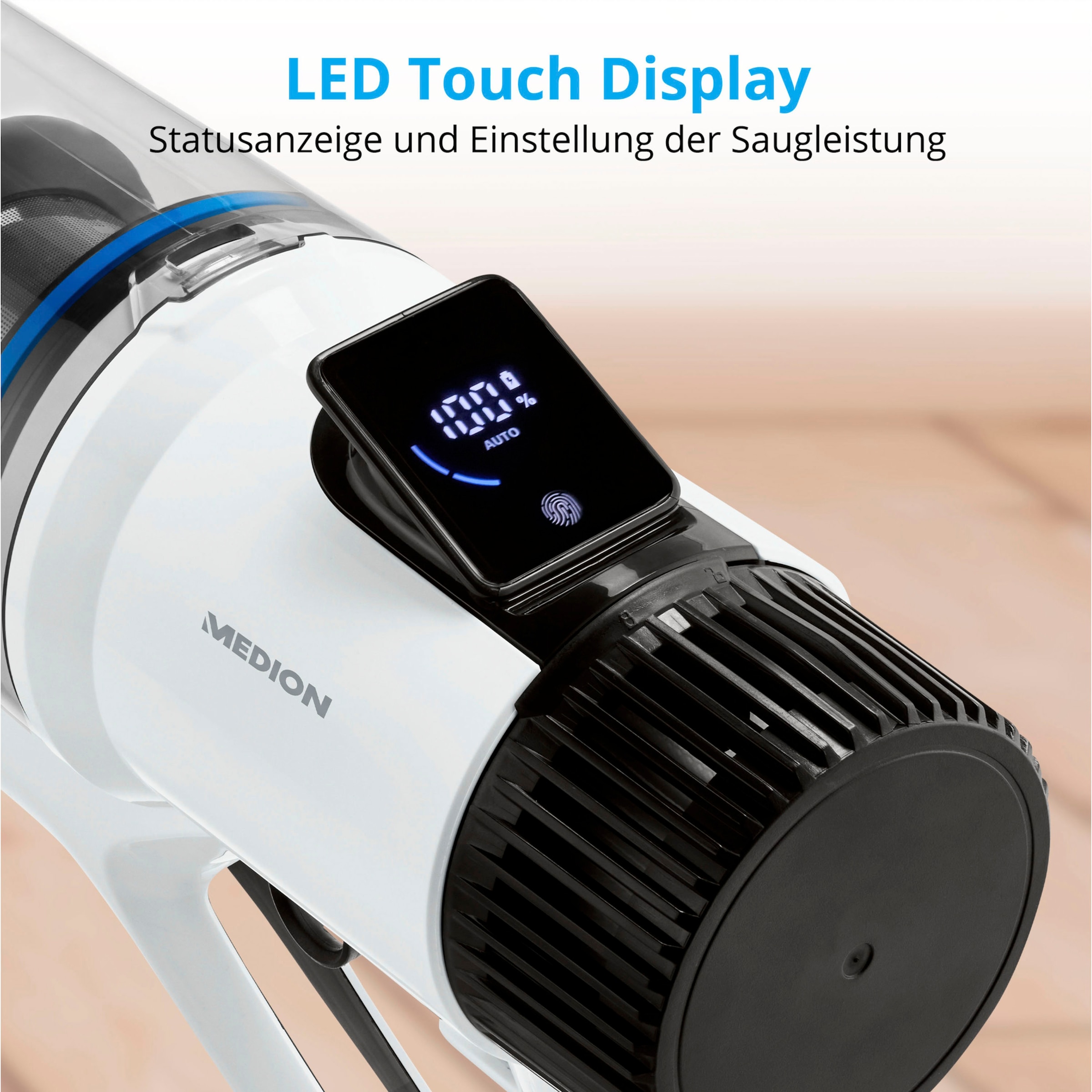 Medion® Akku-Stielstaubsauger »P400 W (MD 12051), beutellose Zyklon-Technologie, 26 kPa Saugleistung«, LED-Touch-Display, Staubsensor, integriertes Zubehör und Ladestation