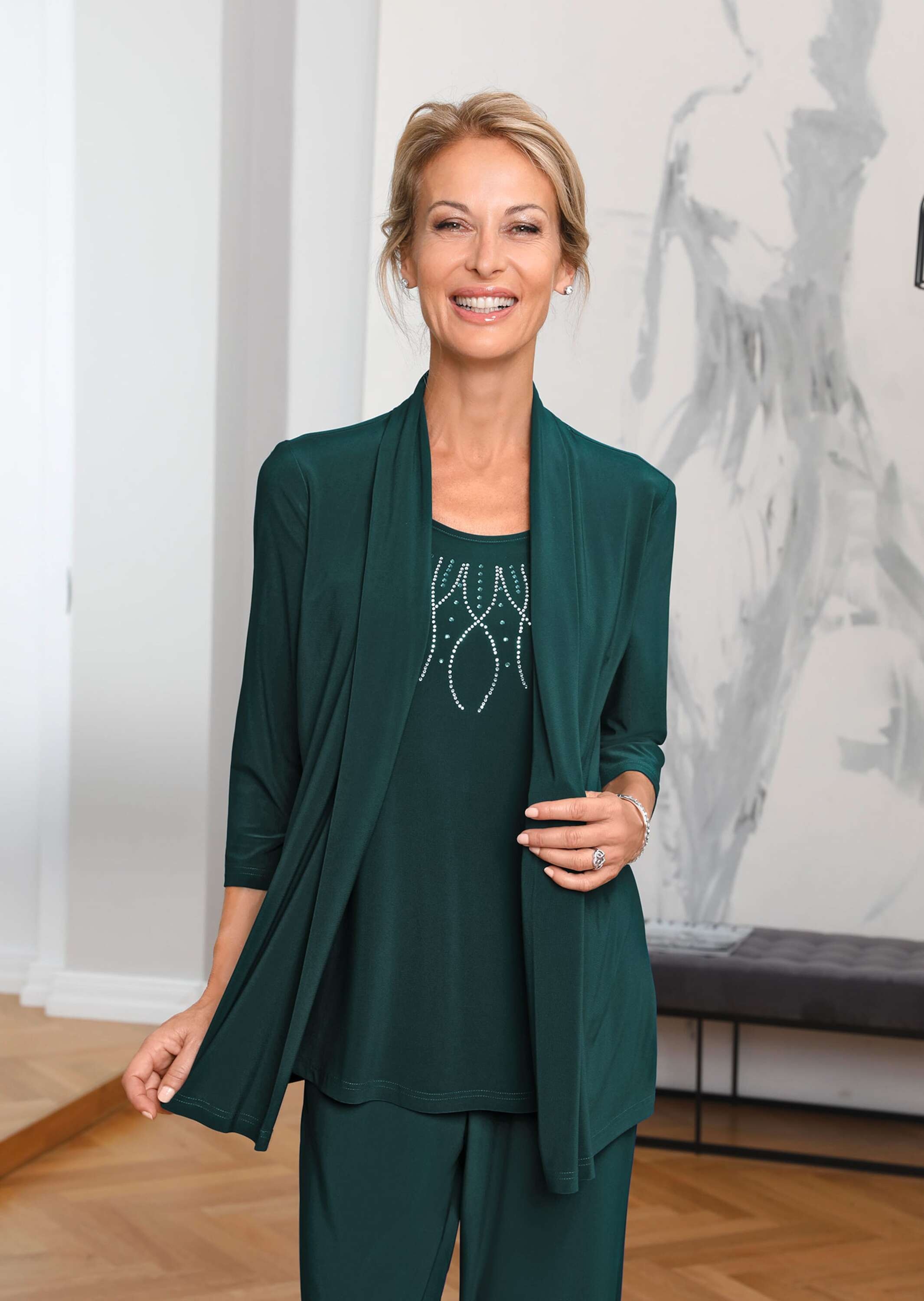 GOLDNER 3/4-Arm-Shirt »Kurzgröße Shirt in Setoptik mit Applikation« Mit funkelndem Steinchenmotiv