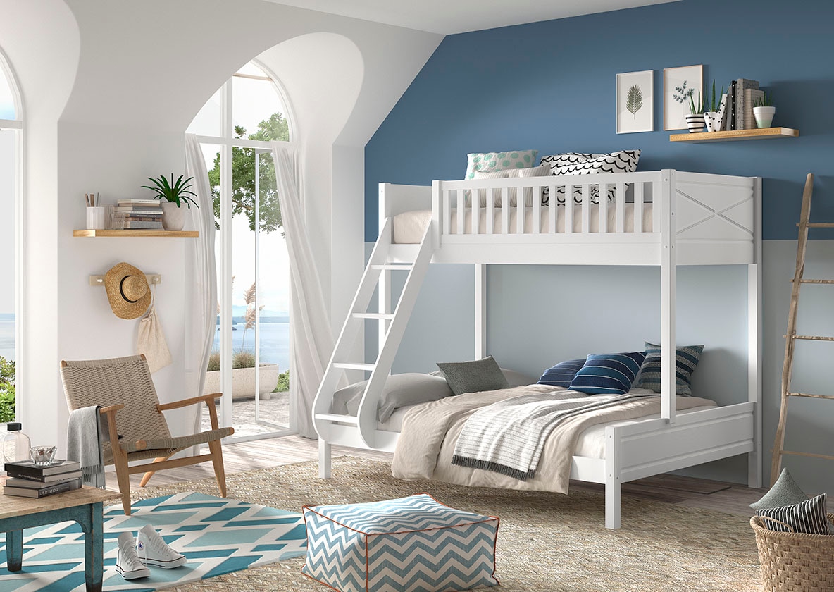 Vipack Etagenbett »Scott, Kiefer massiv, stabil gebaut, Made in Europe, Landhaus-Optik«, (B/H/T ca. 208x175x158cm, inkl. Rolllattenroste, Leiter, Absturzschutz), wahlweise, ohne Schublade, mit 2 kleinen oder 1 großen Bettschublade