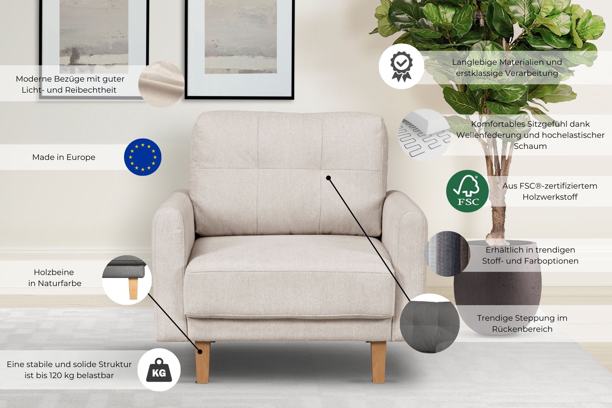 Home affaire Sessel »TRIPLO Relaxsessel mit Wellenunterfederung, Maße B/T/H: 95/100/89 cm« Polstersessel mit Steppung im Rückenkissen, hohe Qualität