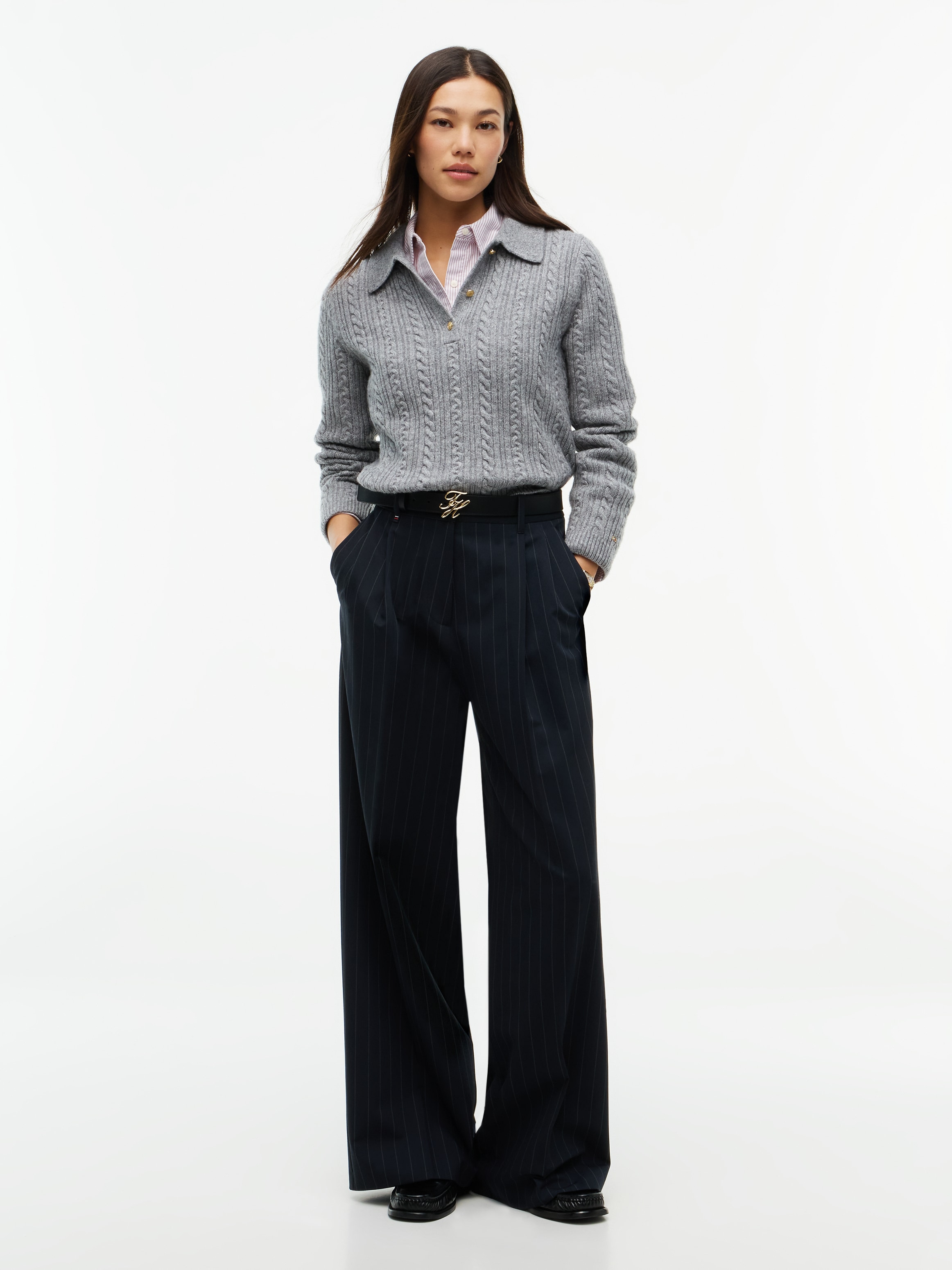 Tommy Hilfiger Polokragenpullover »LS POLO CABLE SWEATER REG FIT« Materialmix mit Wolle und Seide, Zopfmuster