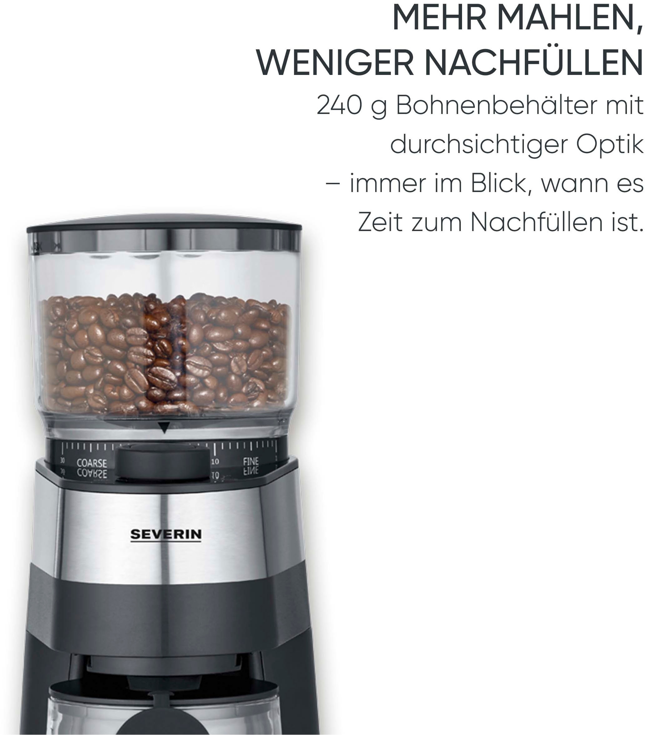Severin Kaffeemühle »KM 3880« Scheibenmahlwerk 240 gBohnenbehälter bis 240g Bohnen, Aromaverschluss, Mahlgrad in 30 Stufen einstellbar
