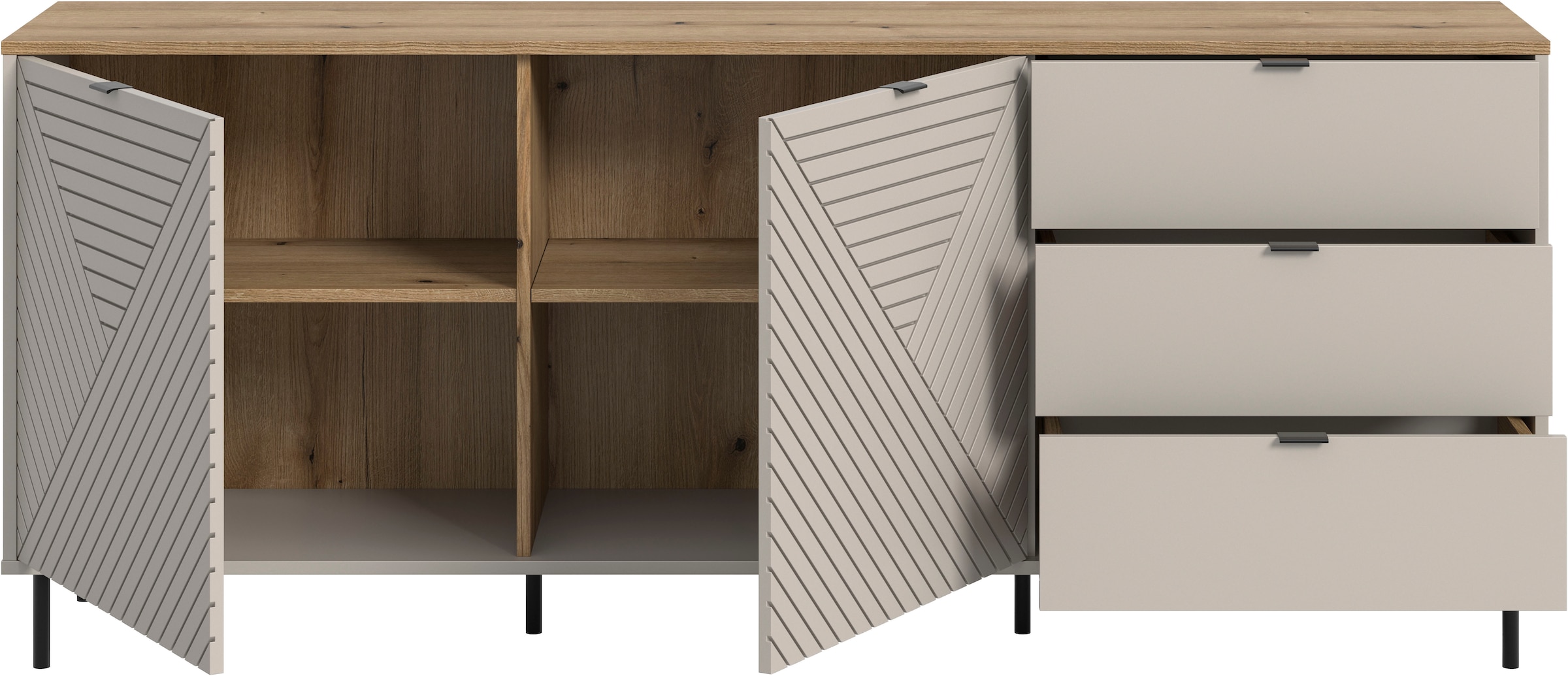 Home affaire Sideboard »RAITA, Breite 184 cm, Front mit Desgin-Fräsung, 2 Türen, viel Stauraum« moderne Farbkombi, individuell einsetzbar, Griffe & Füße aus Metall,  Kommode, Anrichte, Schrank, Highboard, TV-Board