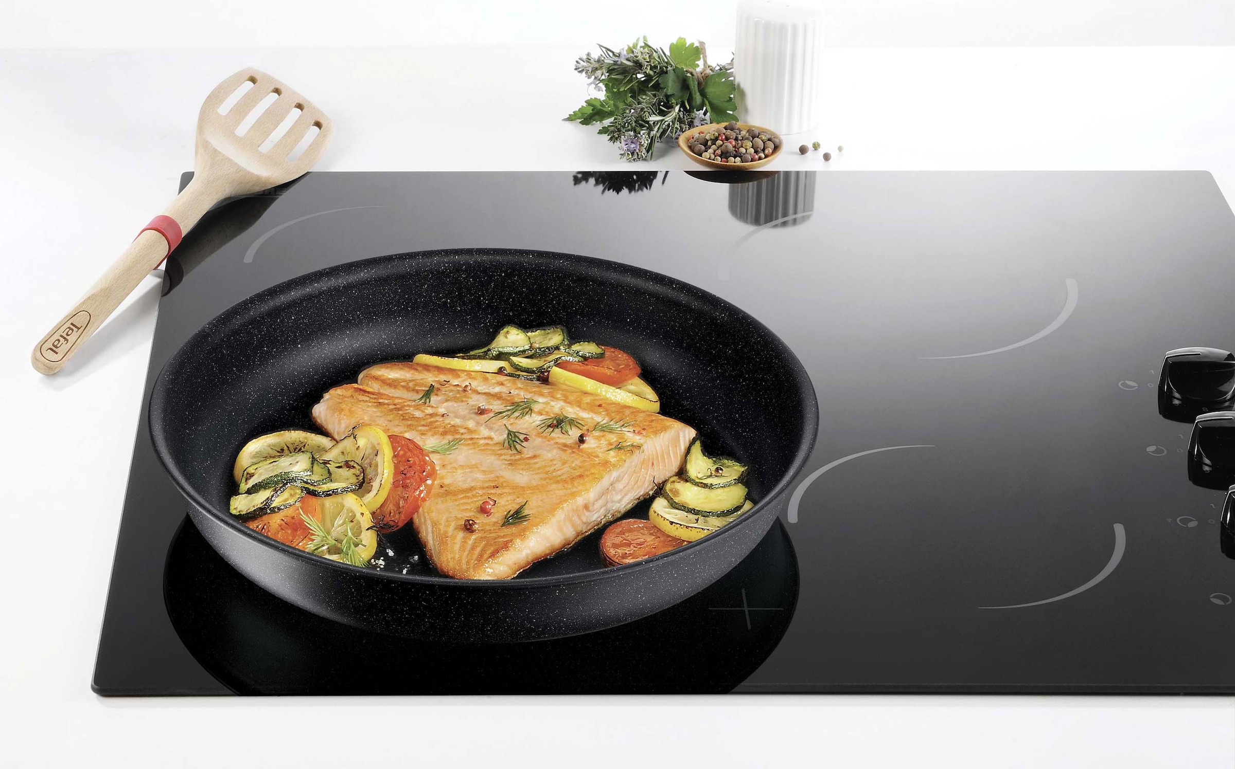 Tefal Pfannen-Set »Ingenio Black Stone«, Aluminium, (Set, 3 tlg., je 1 Pfanne Ø 24/28 cm, H: 6 cm), Antihaft, abnehmbarer Griff, Thermo-Signal, alle Herdarten, Induktion