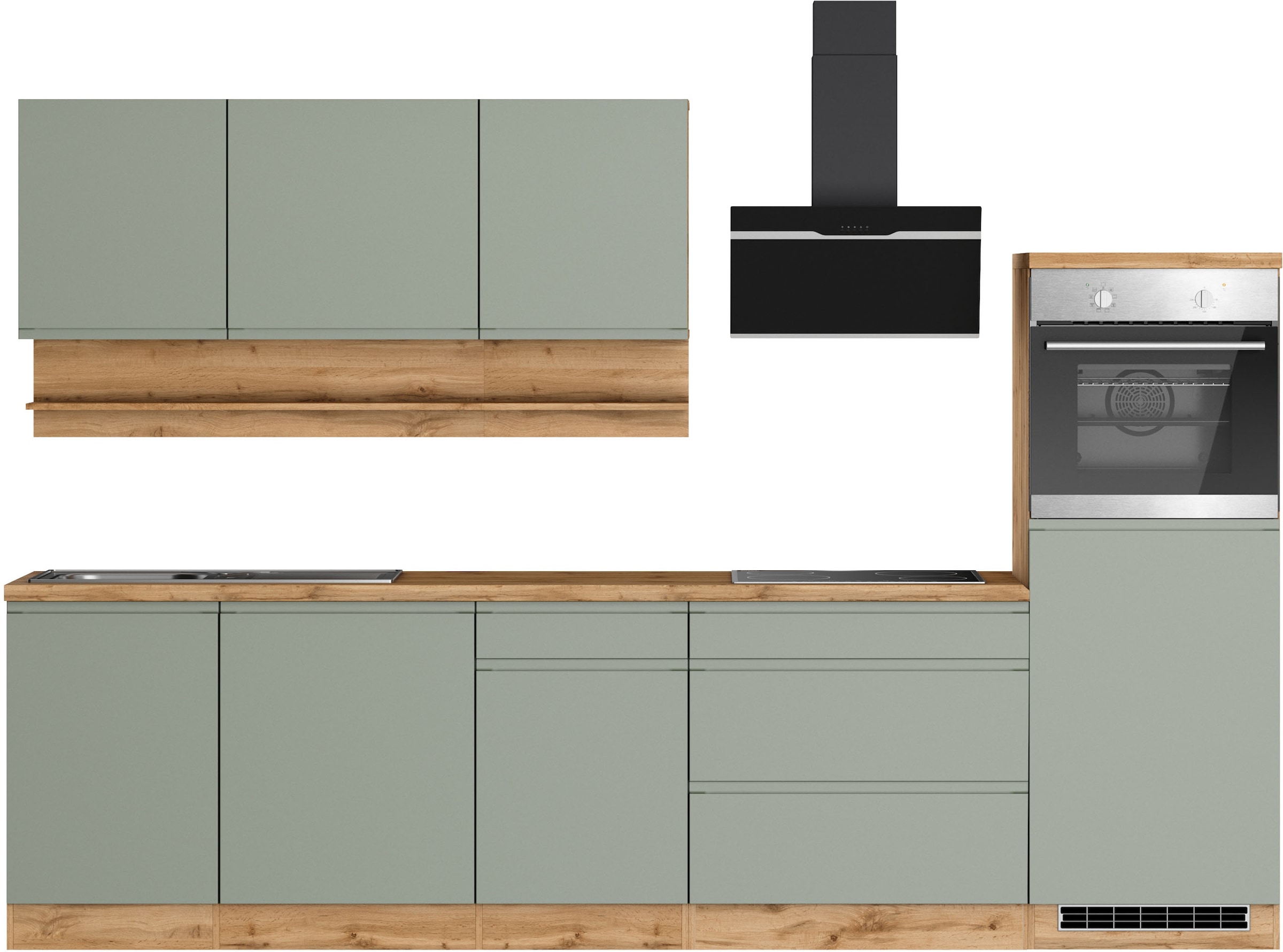 KOCHSTATION Küchenzeile »KS-Virginia,neu in verbesserter Ausführung« Arbeitsplatte 38 mm stark, Stauraum, Softclose,  Breite 300 cm, Soft-Close, ohne E-Geräte