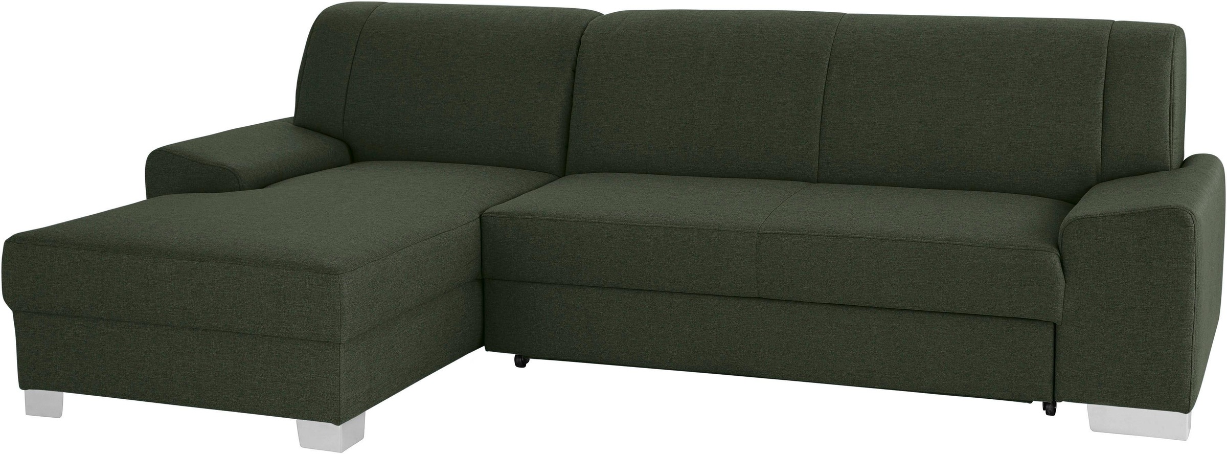 DOMO collection Ecksofa »Anzio L-Form, whlw. Bettfunktion, Federkern, hochwertig, Breite 271 cm«, Mit Bettfunktion, Recamiere links, Struktur fein, dunkelgrün