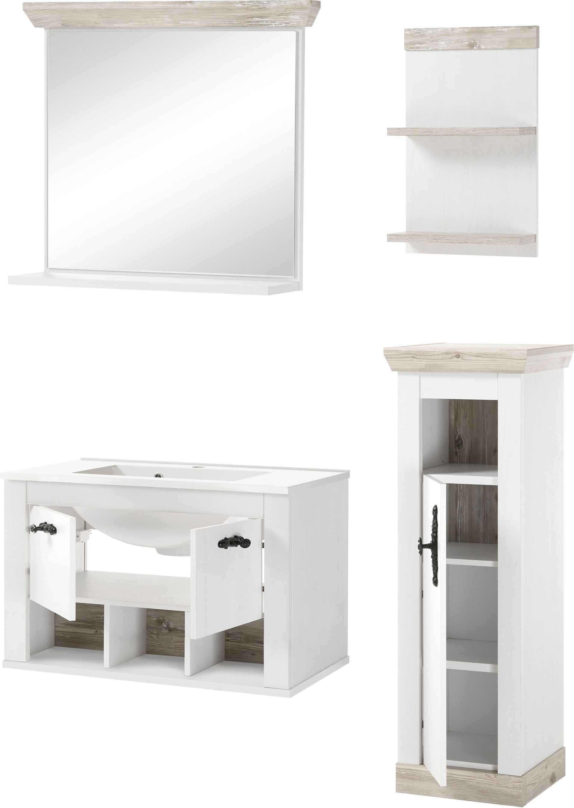 Home affaire Badmöbel-Set »Florenz, Bad im Landhausstil, 4-teiliges Badezimmer«, (4 St.), Hänge-Waschtisch, Schrank, Wandboard und Spiegel, in Pinie Weiß