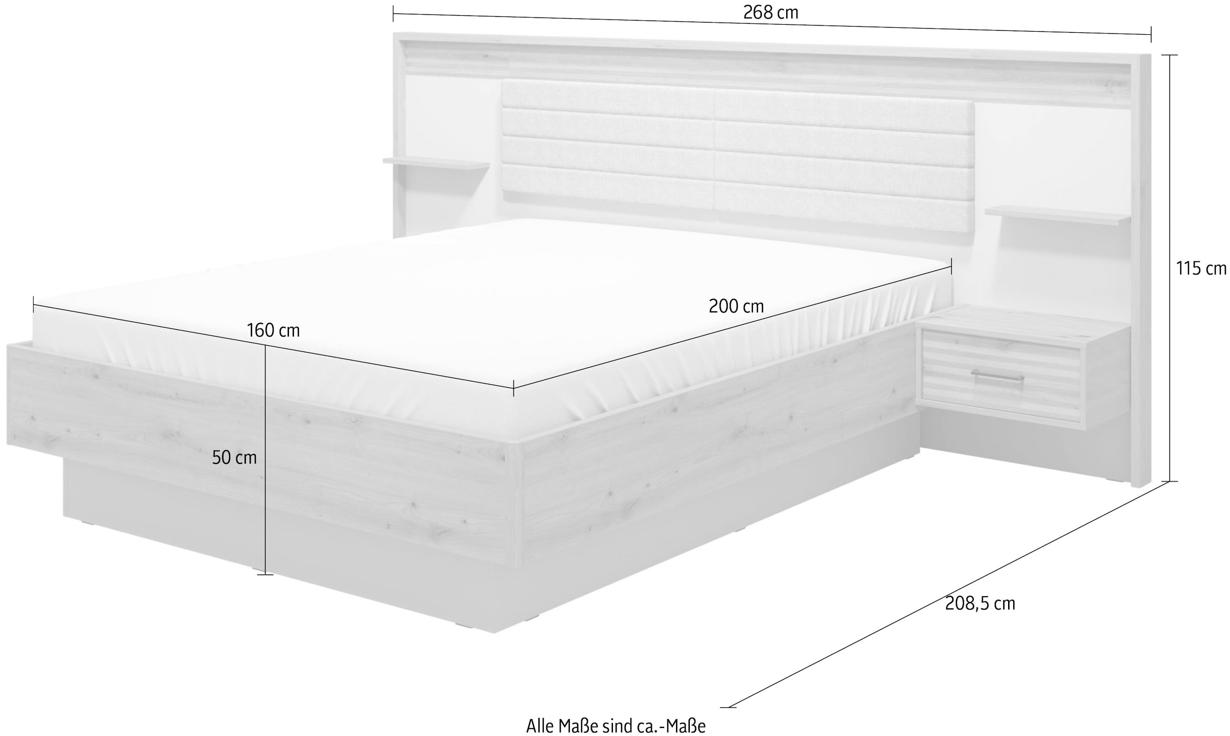 INOSIGN Bettgestell »Modena Liegefläche 160x200cm, FSC-zertifizierter Holzwerkstoff«, (3-tlg., Bett und 2 Wandpaneele mit Nachtkommoden), Bettanlage, mit teilgepolstertem Kopfteil