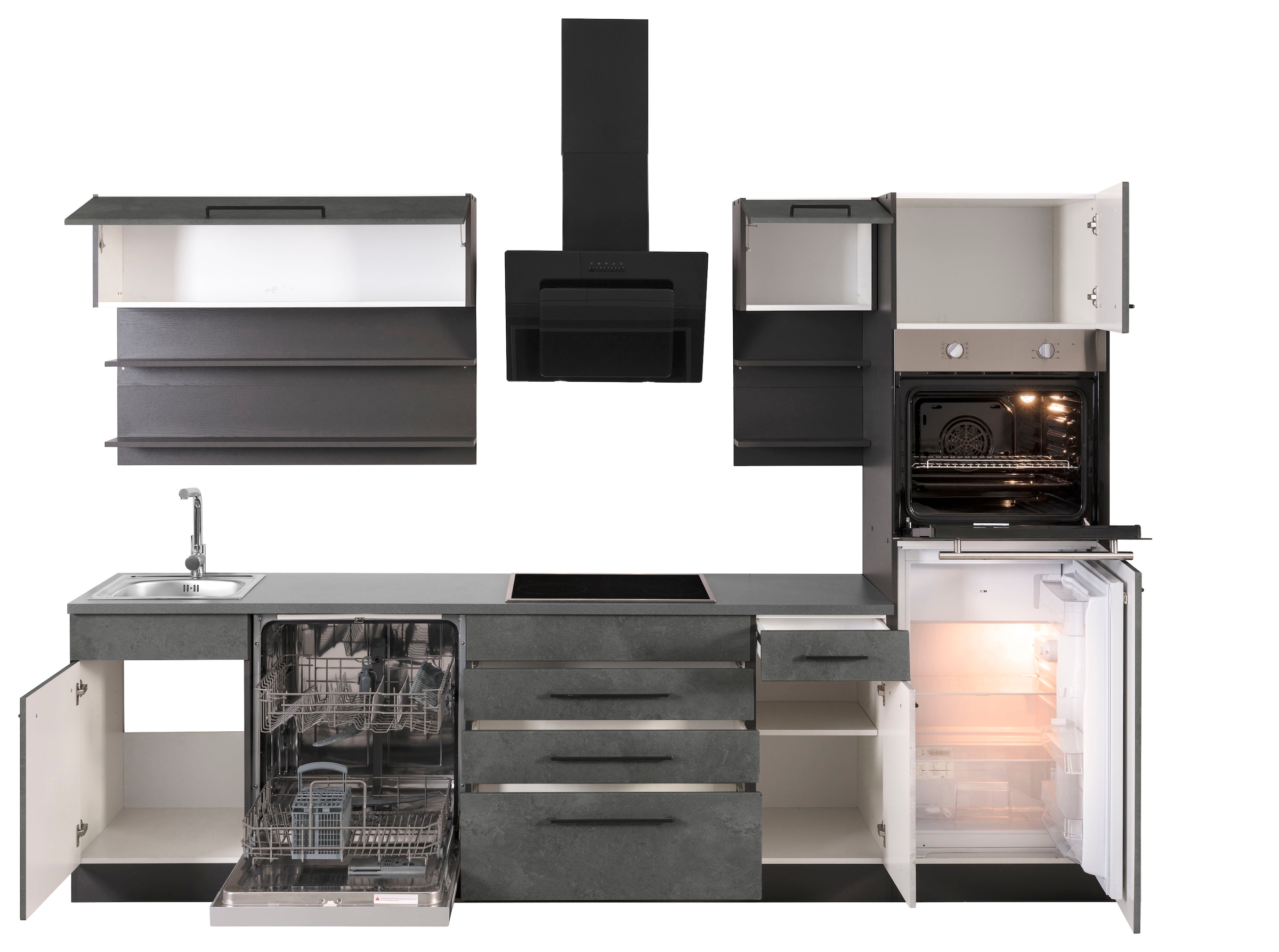 KOCHSTATION Küchenzeile »KS-Tulsa«, mit E-Geräten, Breite 290 cm, schwarze Metallgriffe, MDF Fronten