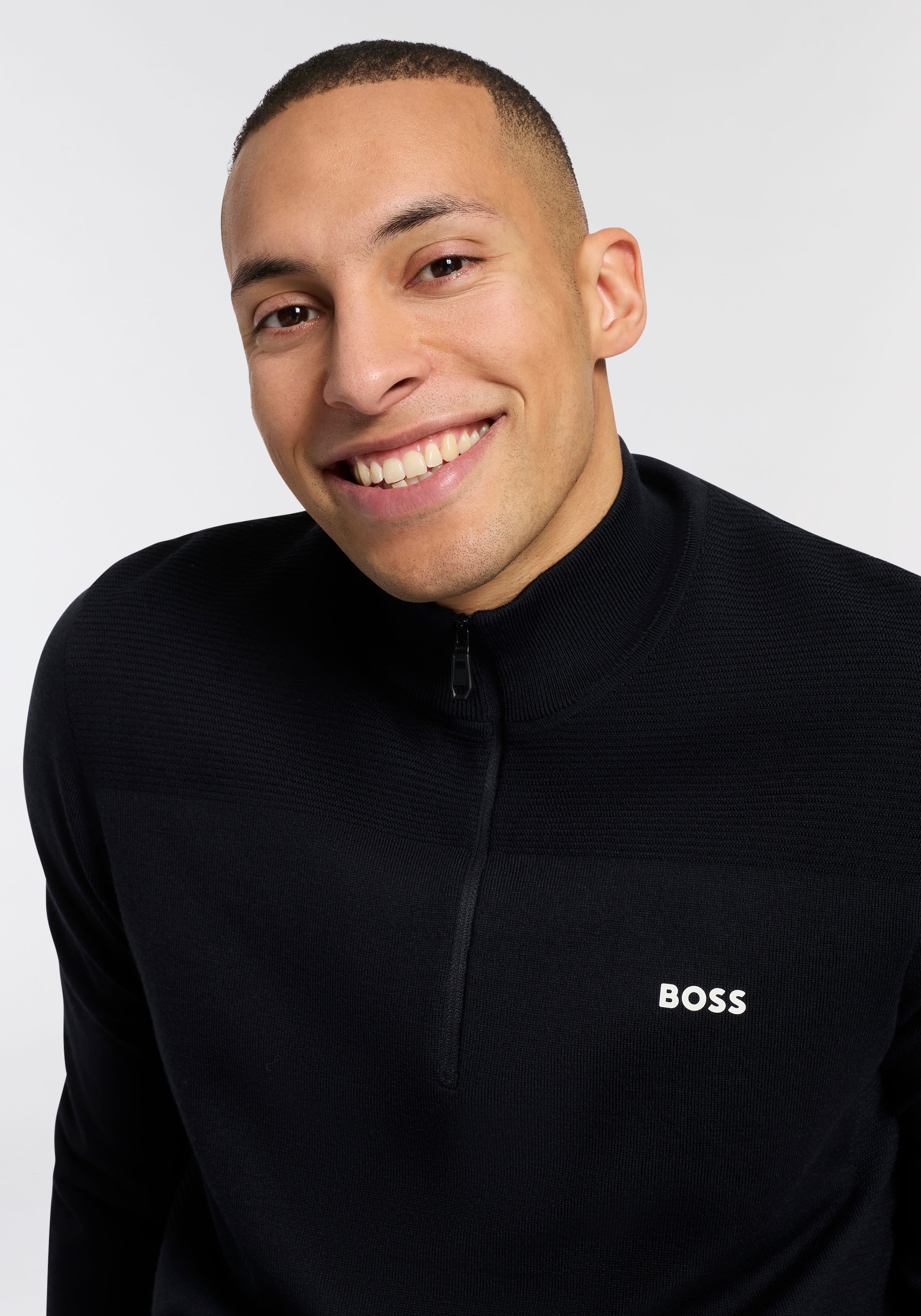 BOSS GREEN Strickpullover Stehkragen mit Reißverschluss, Regular Fit,
