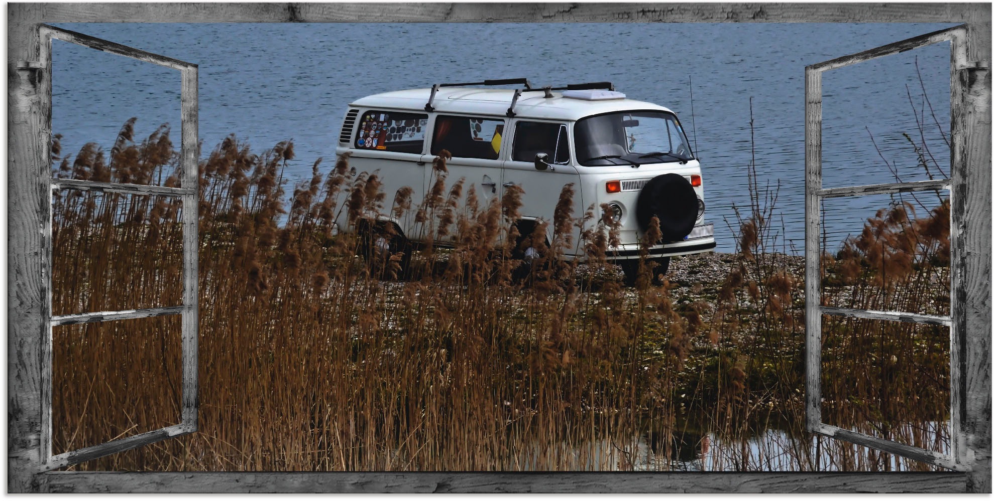 Artland Wandbild »Fensterblick - Hinterm Schild«, Fensterblick, (1 St.), in vielen Größen & Produktarten - Alubild / Outdoorbild für den Außenbereich, Leinwandbild, Poster, Wandaufkleber / Wandtattoo auch für Badezimmer geeignet