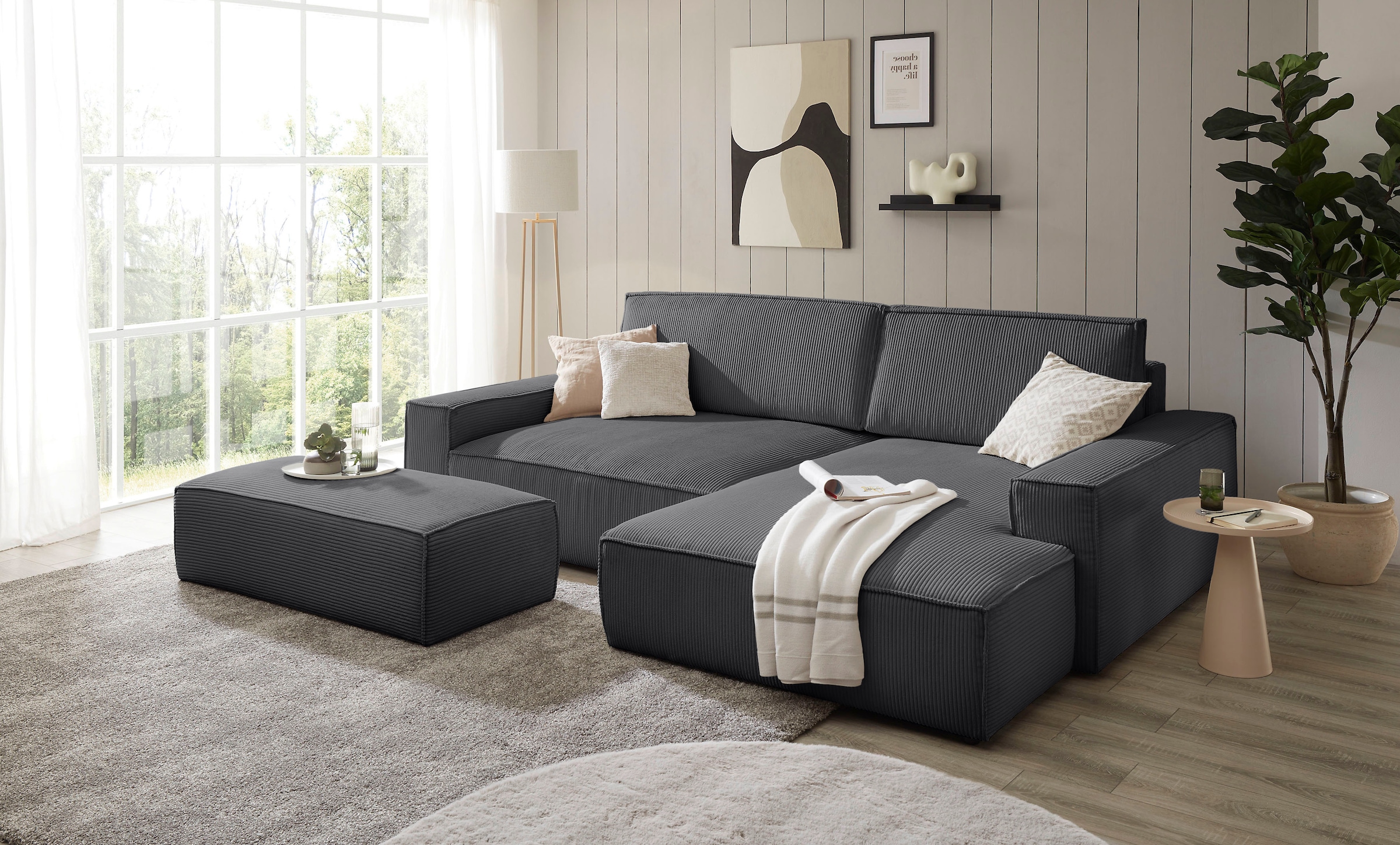 Home affaire Polsterecke »NEU: SHERWOOD XXL tief, L-Form mit Schlaffunktion, Big-Sofa mit Hocker« stellbar zum Schlafsofa (Krokodilverbinder), Cord, Leinenoptik,