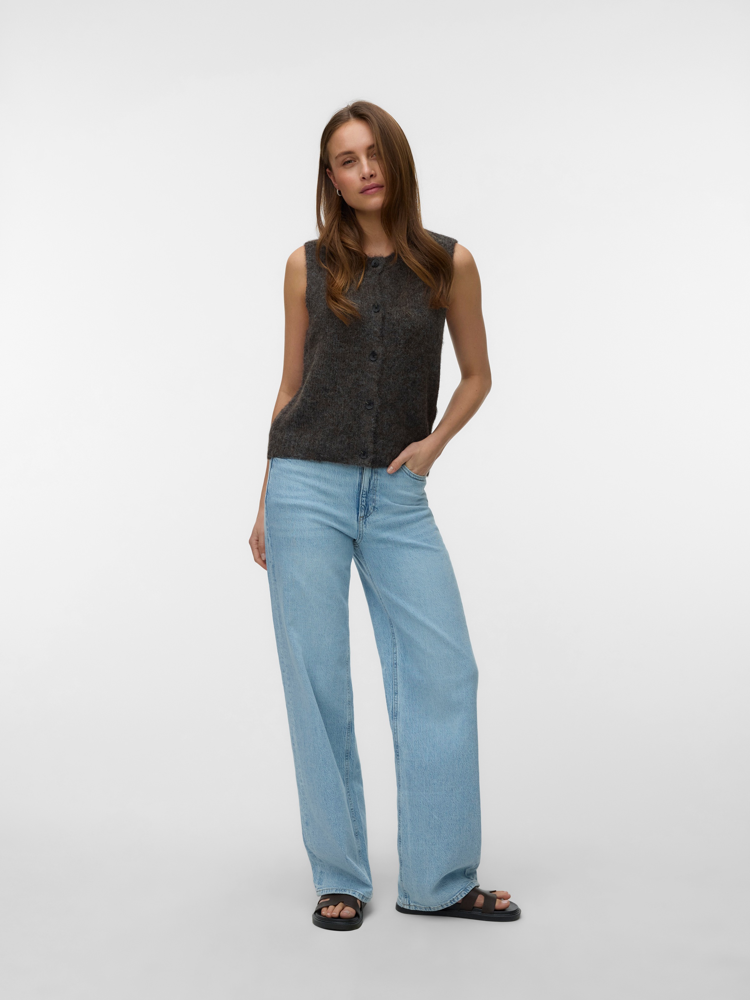 Vero Moda Strickweste »VMNOVAH SL O-NECK BUTTON VEST NOOS« Materialmix, loose fit