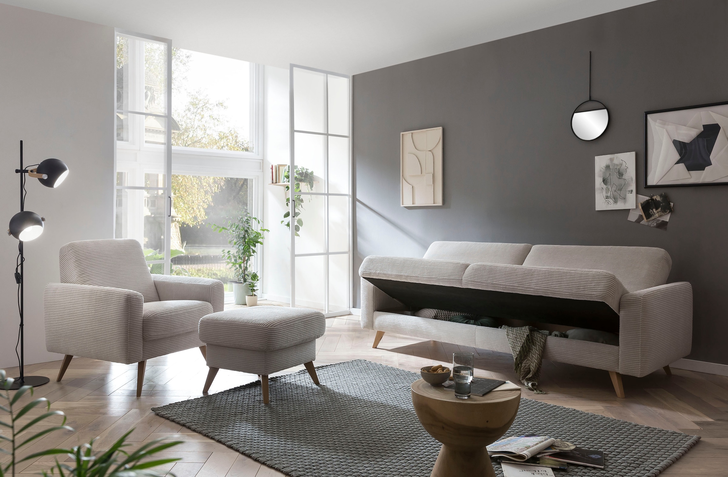 exxpo - sofa fashion 3-Sitzer »Samso, elegant und bequem, aktueller Cord Bezug, Kippcouch« hochwertige Verarbeitung, Schlafsofa inkl. Bettfunktion und Bettkasten