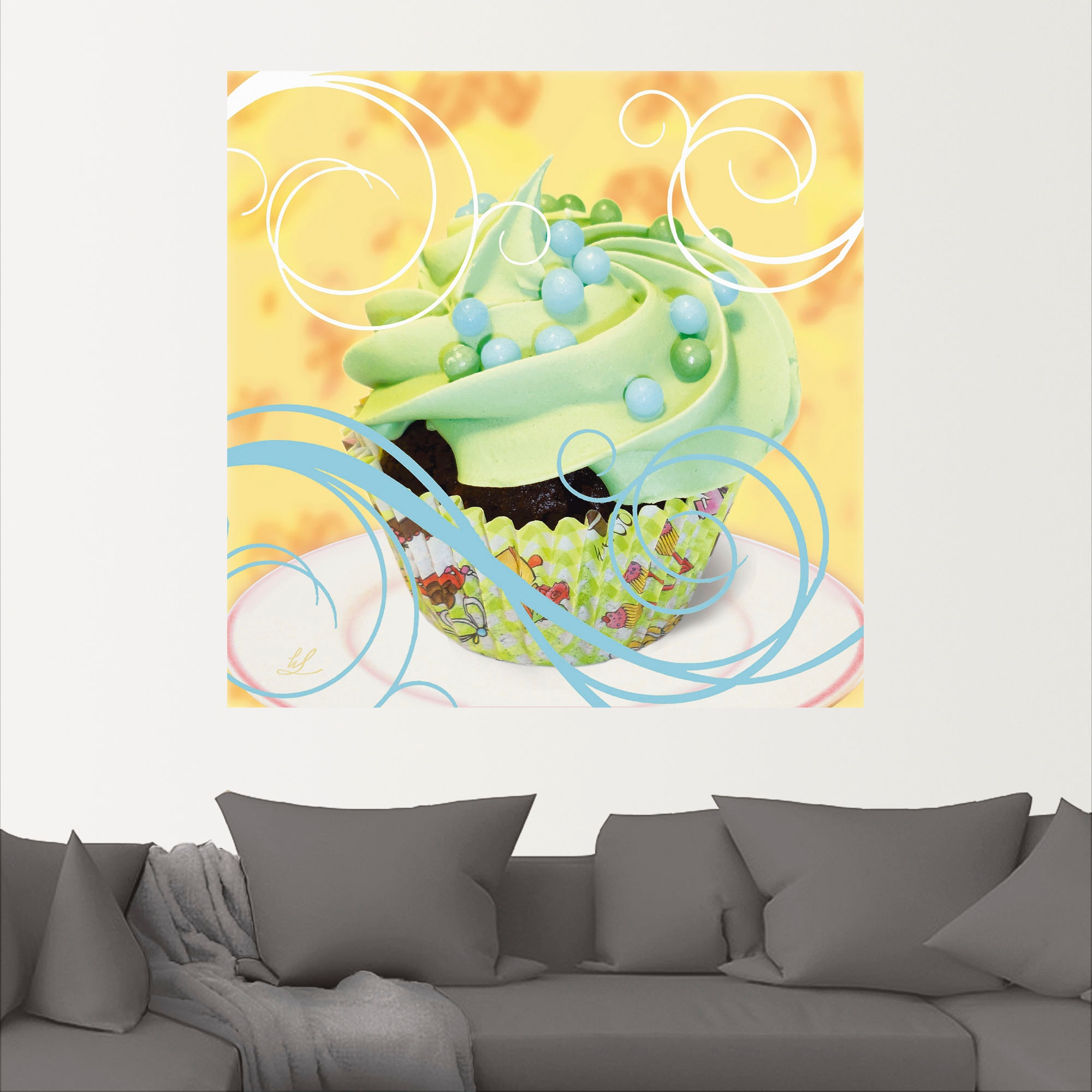 Artland Wandbild »Cupcake auf gelb - Kuchen«, Süßspeisen, (1 St.), als Alubild, Leinwandbild, Wandaufkleber oder Poster in versch. Größen