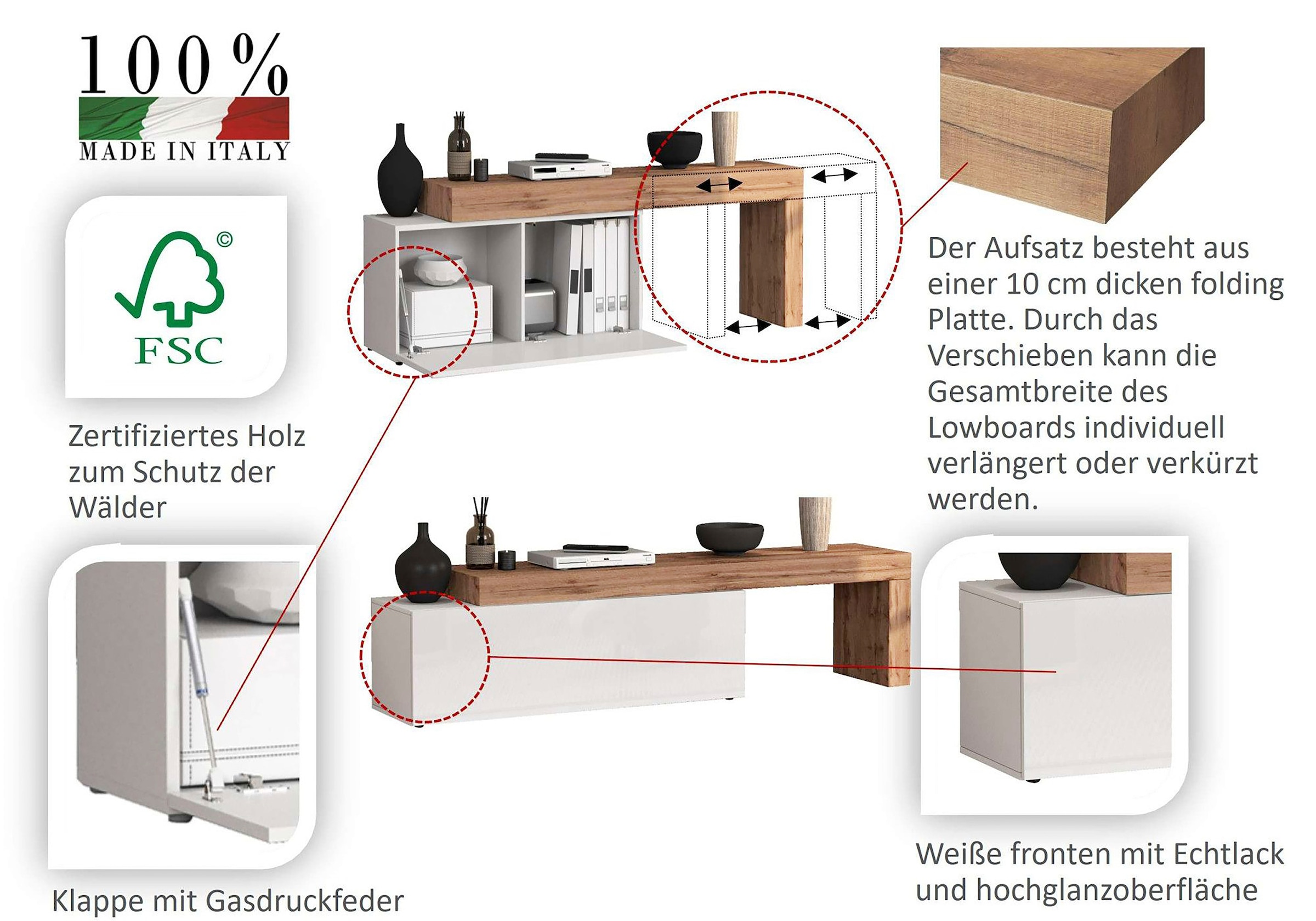 OTTO home Lowboard »Chronos TV-Board, TV-Schrank« Breite verstellbar von 190 bis 350 cm, 1 Stk. tlg. Breite 270 cm TV-Board,Lowboard,1 Klappe und ein L-Förmiger Aufsatz