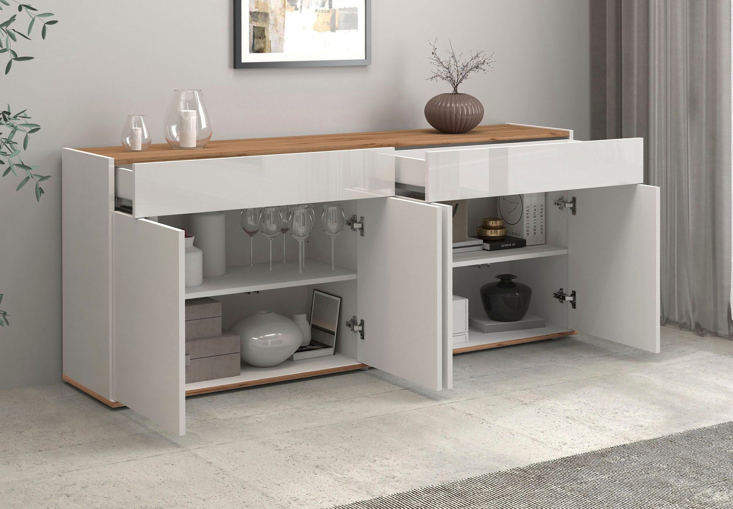 OTTO home Sideboard »Garda Kommode, Schrank, 4 Türen mit Push-to-Open, Made in Italy« Hochglanzlackierte Fronten,2 Schubladen, grifflos Breite 160,1 cm