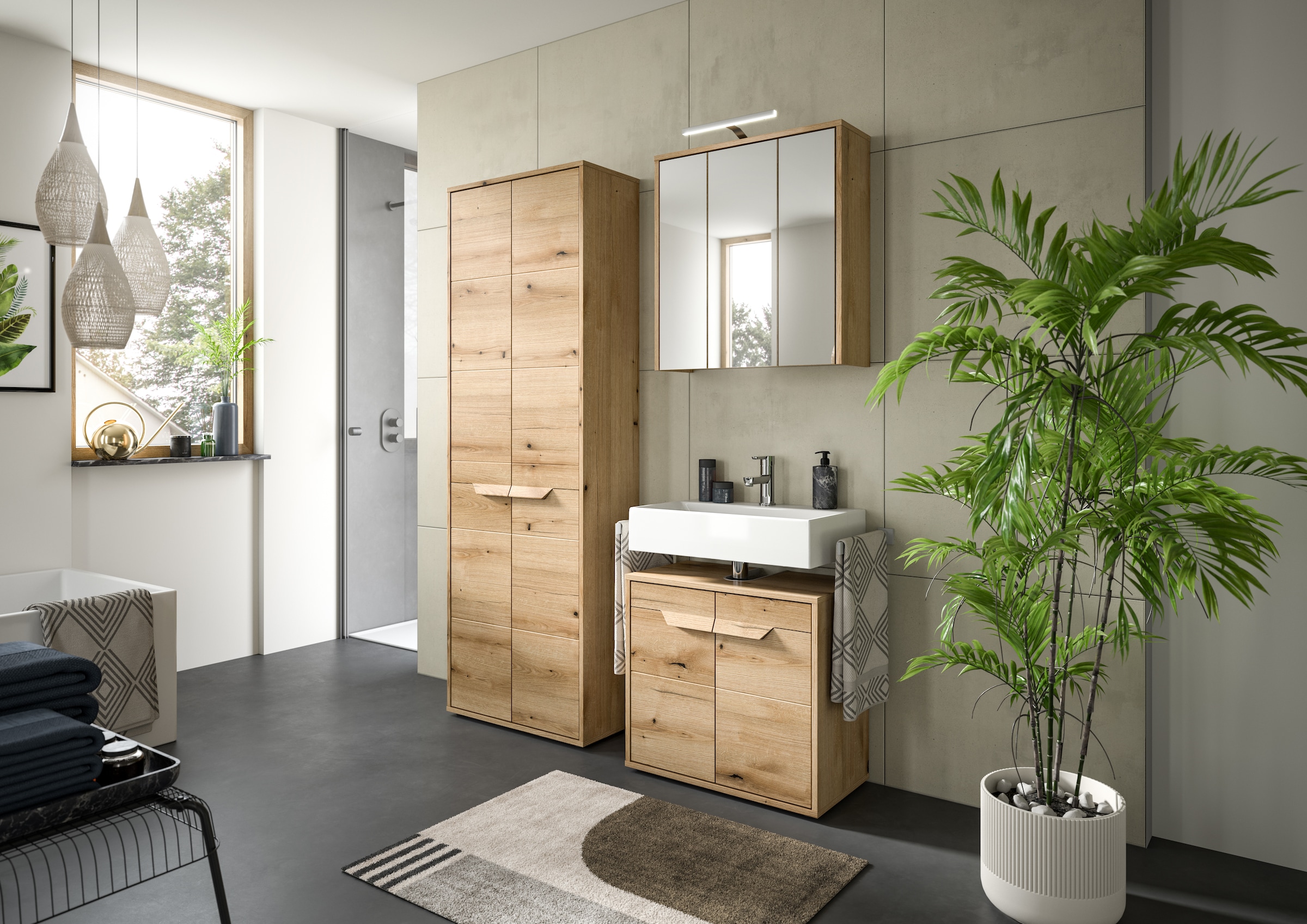 welltime Waschbeckenunterschrank »Kayu, Breite 64 cm, 2 Türen, 1 Einlegeboden«, einzigartiges Griffdesign, Badschrank, Bad-Möbel, Badezimmer, Bad