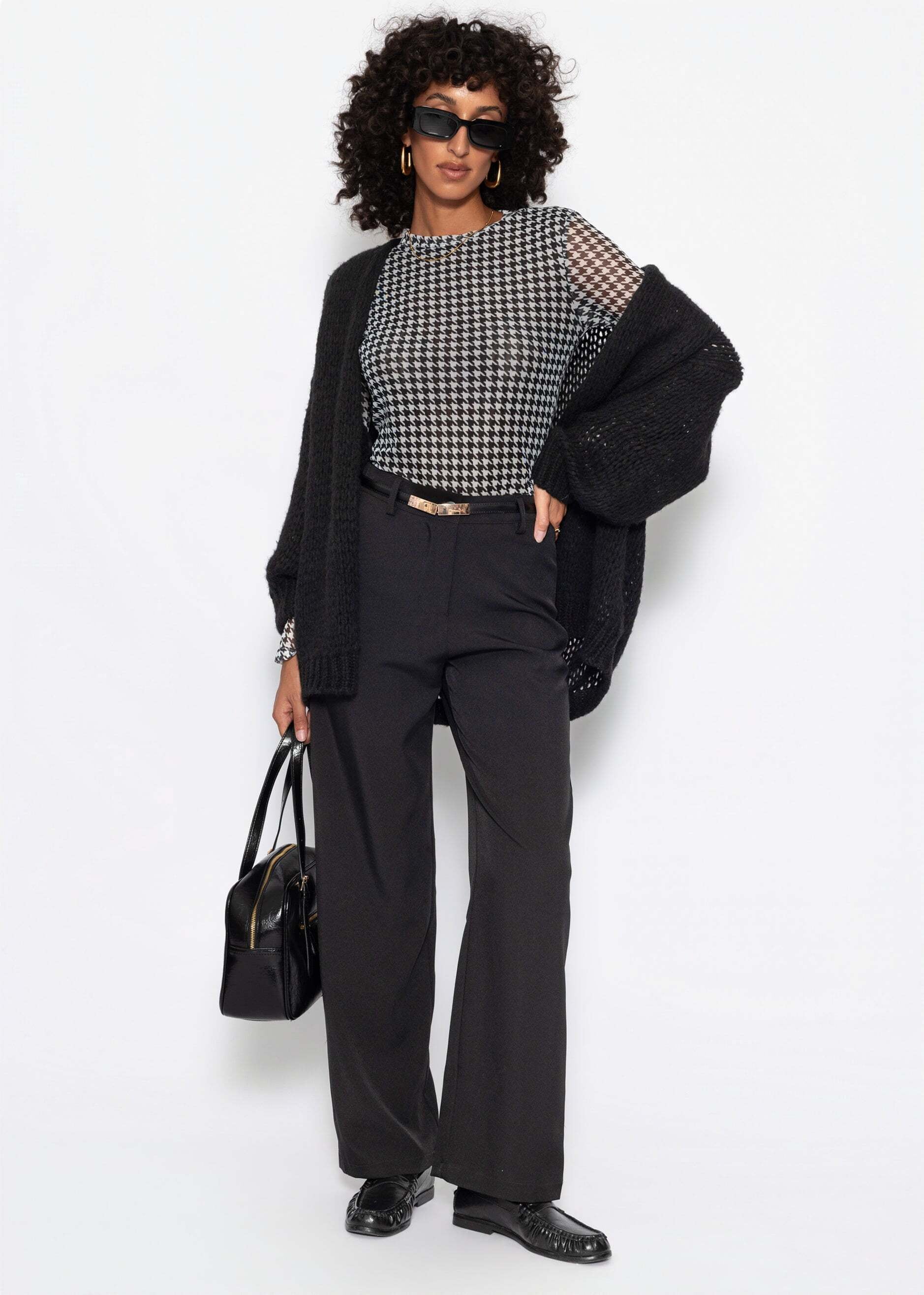 SASSYCLASSY Langarmshirt »Mesh Langarmshirt mit Hahnentrittmuster« modernes longsleeve mit All-Over-Muster in Beige