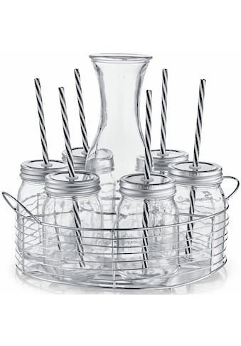 Gläser-Set, (Set, 7 tlg.), je 6 Gläser, Deckel, Strohhalme, in praktischem Metallkorb