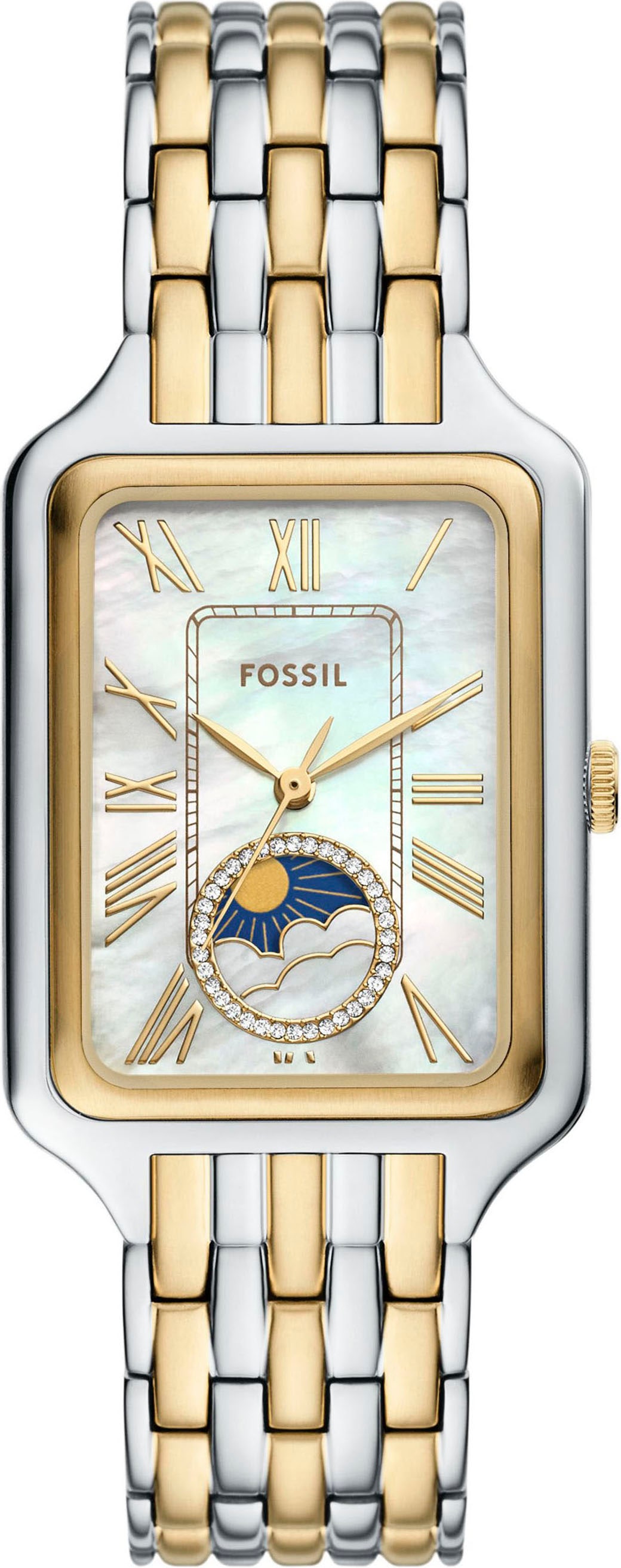 Fossil Quarzuhr »RAQUEL MOONPHASE«, Armbanduhr, Damenuhr, Edelstahlarmband, analog, Mondphase, Glassteine