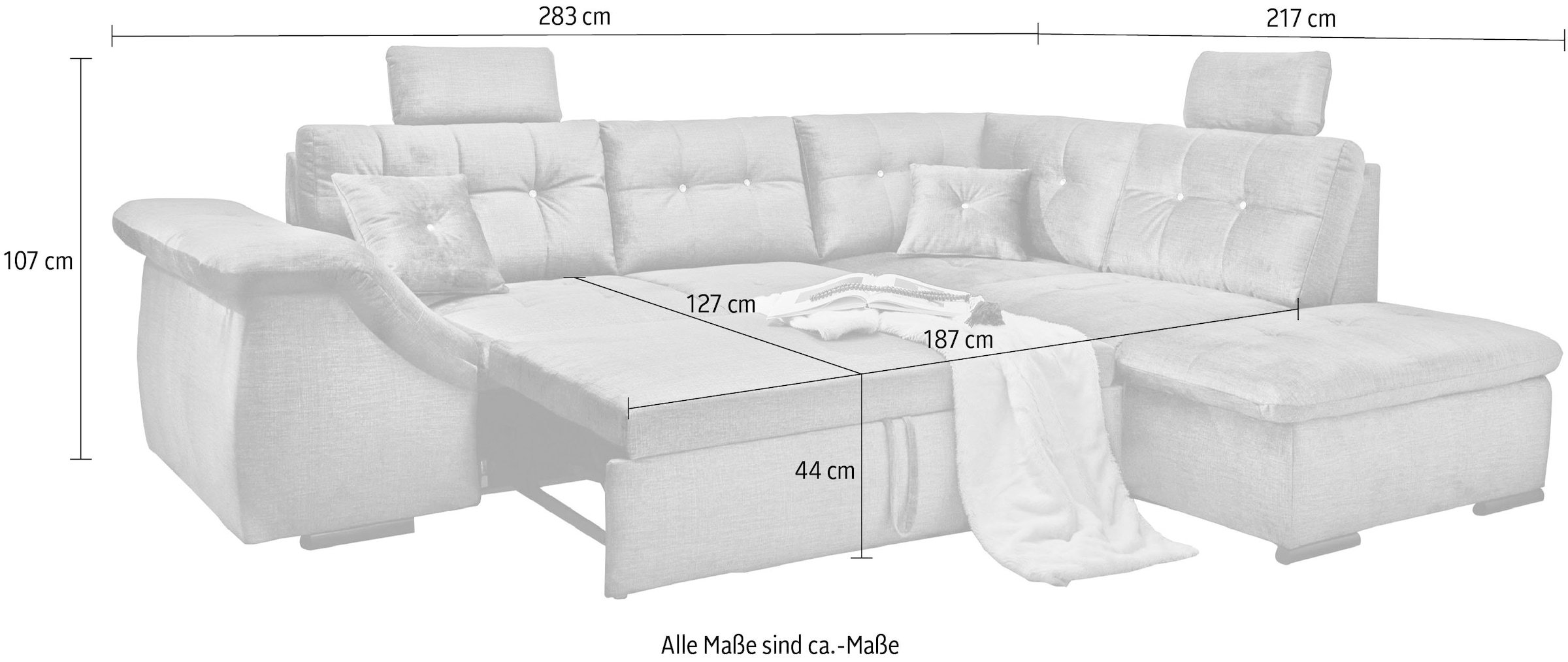 ED EXCITING DESIGN Ecksofa »Bolonia L-Form«, mit Bettfunktion, Bettkasten, Kopfstützen & 2 Zierkissen, Strasstein