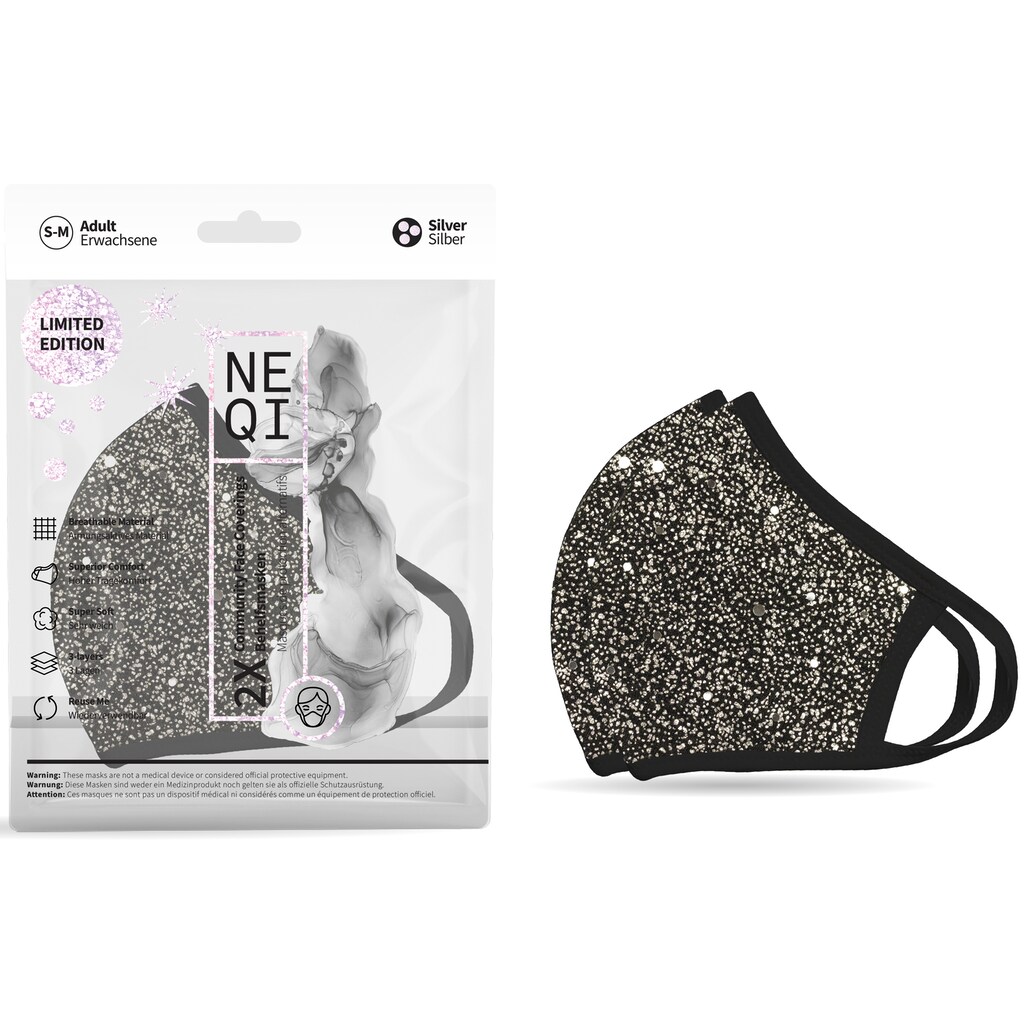 NEQI Mund-Nasen-Masken »Silber Glitzer«, (Packung, 2-teilig), stylisch und festlich