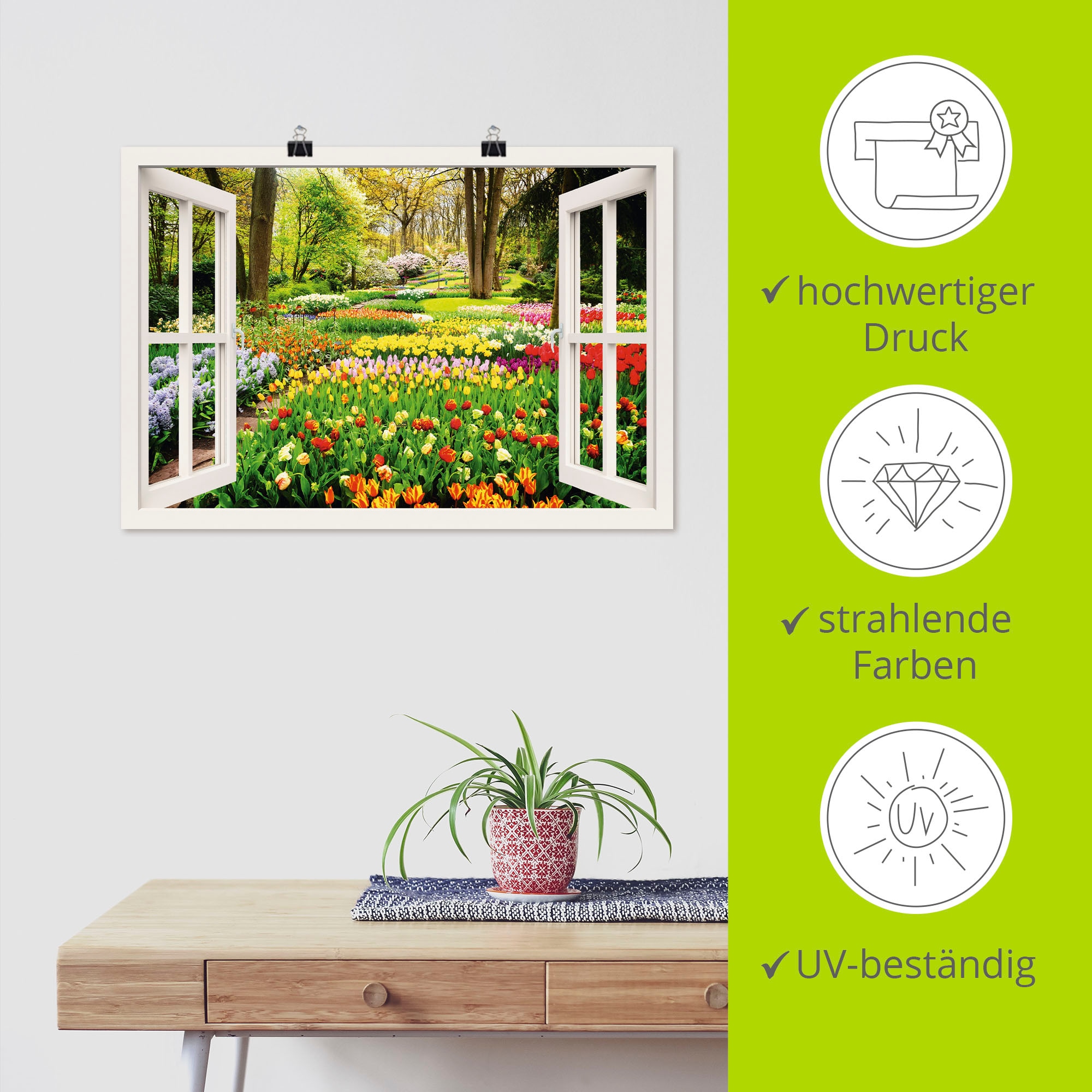 Artland Wandbild »Fensterblick Tulpen Garten Frühling« Fensterblick 1 Stk. tlg. als Leinwandbild, Poster in verschied. Größen
