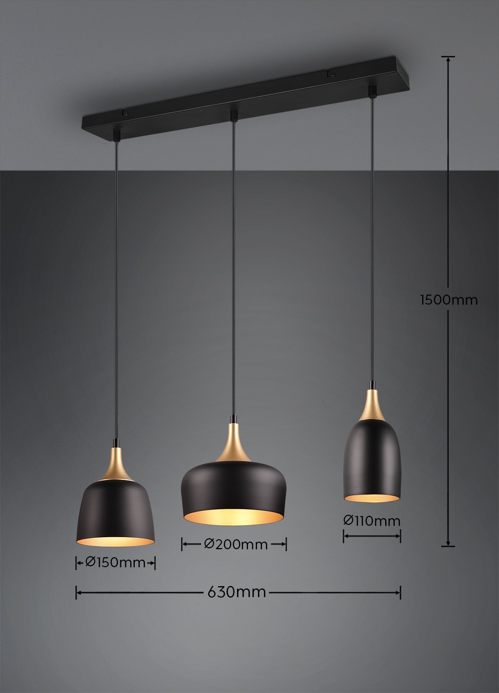 TRIO Leuchten Pendelleuchte »CHIRAZ, Hängeleuchte 3-flammig schwarz messing gold max 150cm Höhe«, 3 flammig, Leuchtmittel E14 | Leuchtmittel wechselbar, Hängelampe exkl 3x E14 max 25W, Industrie Loft Stil 3 Schirmformen