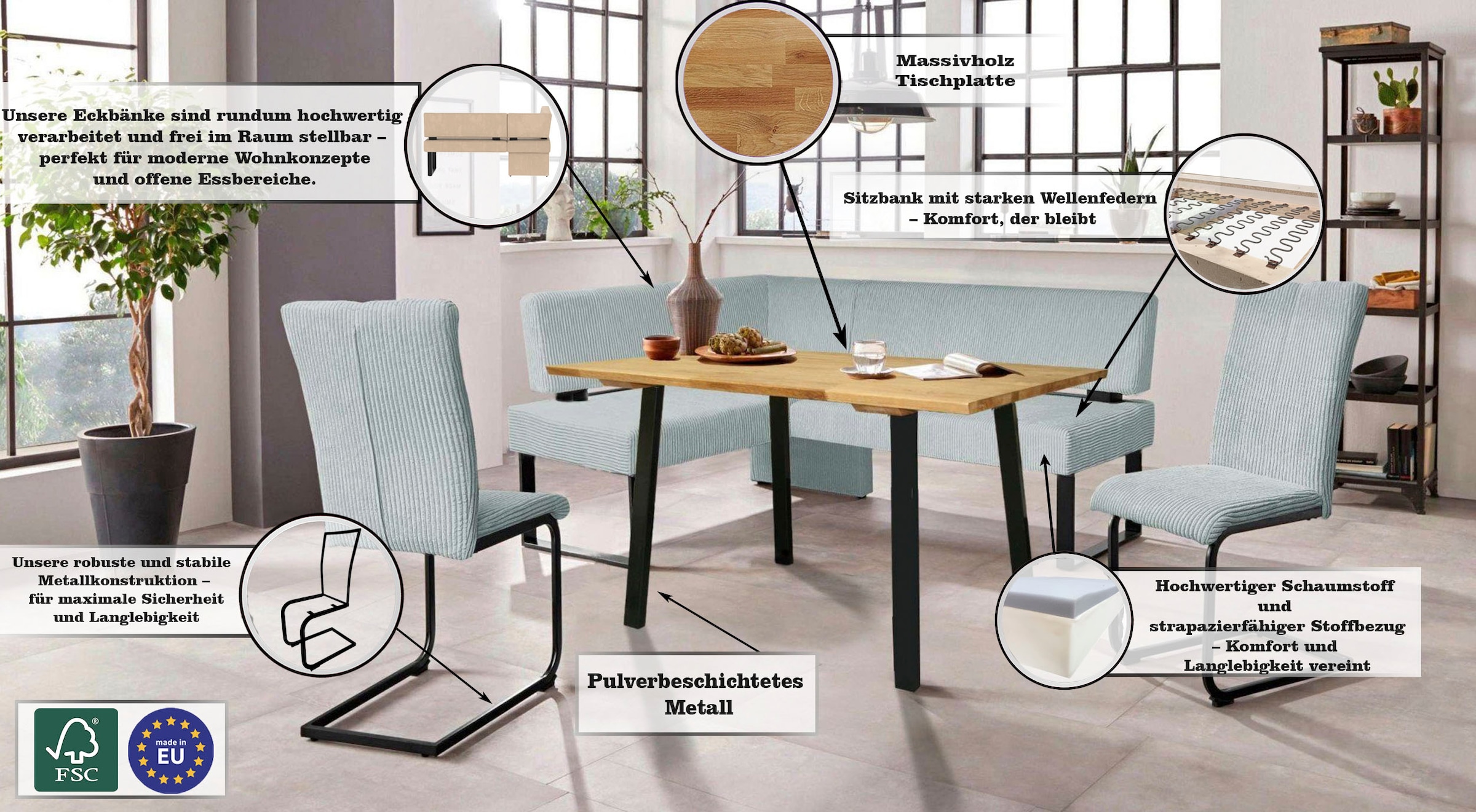 OTTO home Eckbankgruppe »Oliver« Set, 4-tlg, 4 Stk. tlg. Eckbank mit Wellenunterfederung im Sitz, Tisch Massiv Eiche