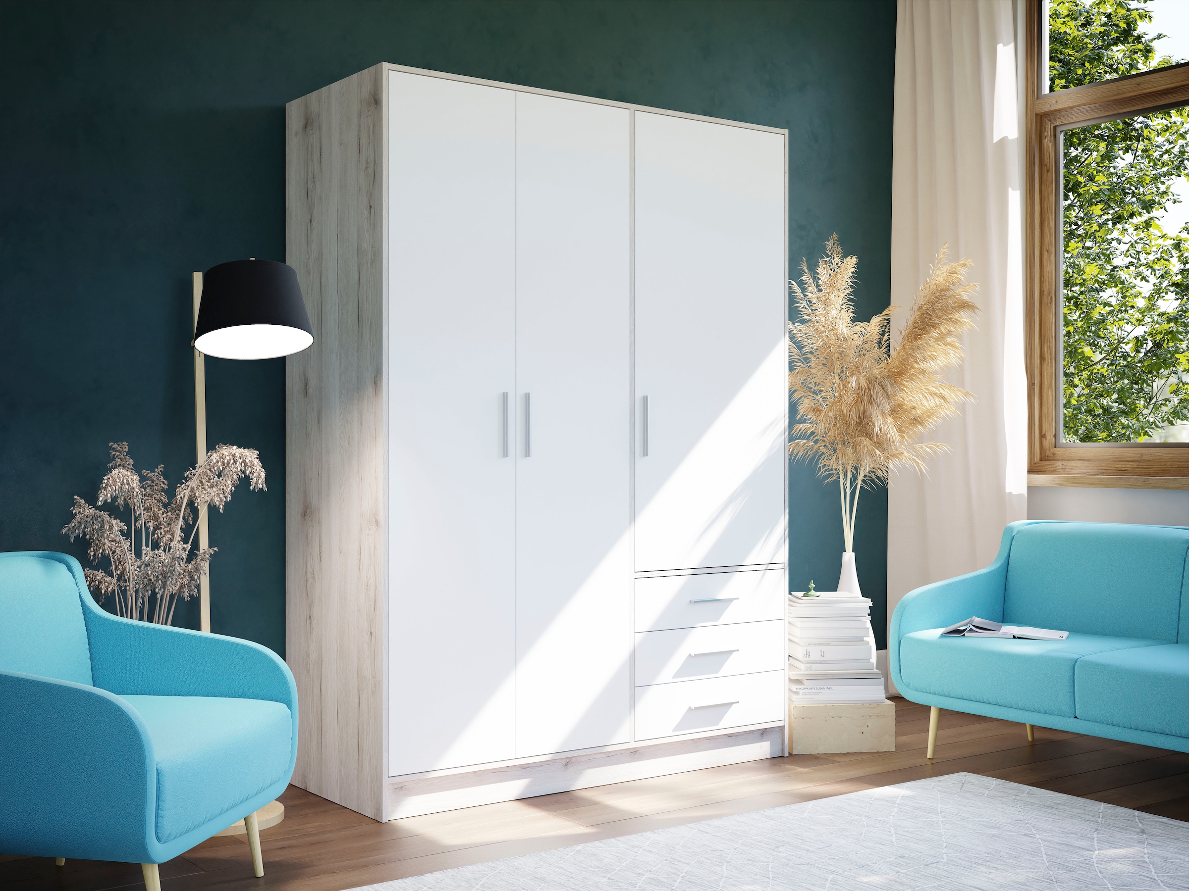 FORTE Kleiderschrank »Jupiter, Made in Europe, mit Schubladen«, (Maße (T/H): 60/200 cm), Stauraum, 2 Breiten, 4 Farben, Schubladen, variable Einlegeböden