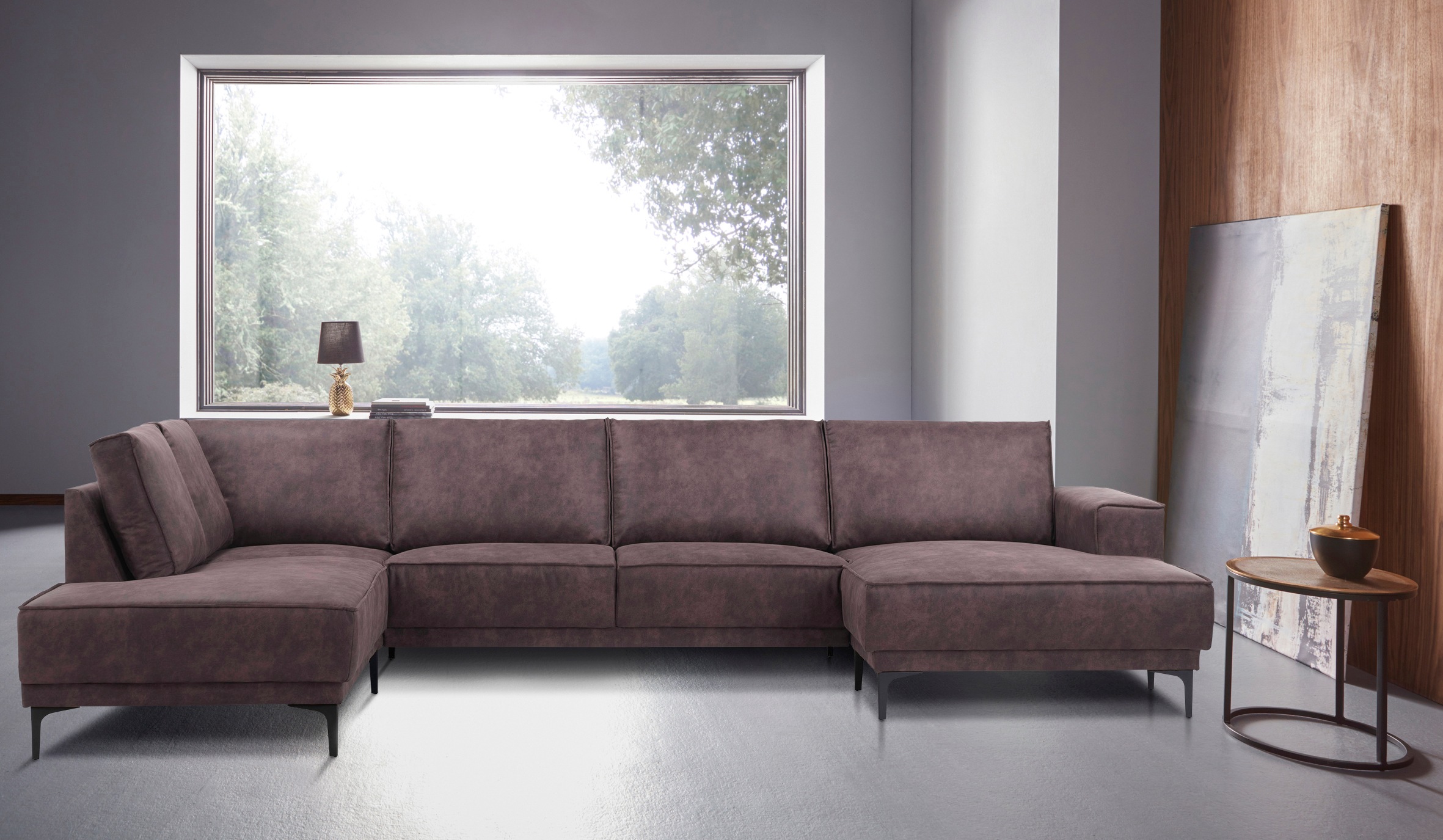 Places of Style Wohnlandschaft »XXL Sofa Oland, Struktur, Flachgewebe, Luxus-Microfaser, Boucle«, U-Form, 345 cm, Wellenunterfederung, Skandi-Design, Metallfüße