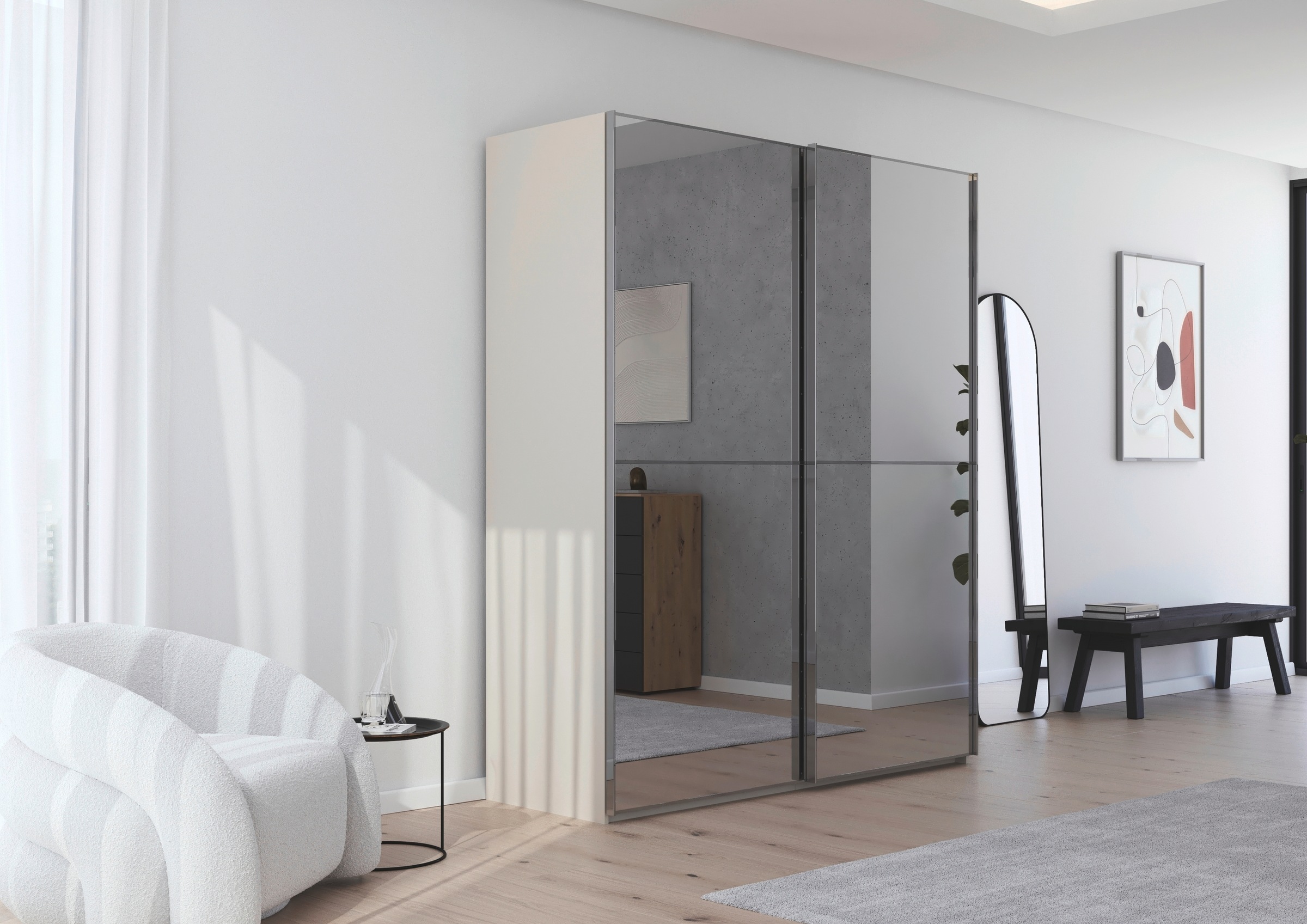 rauch Schwebetürenschrank »Kleiderschrank Schrank Garderobe Schlafzimmerschrank SCALE-DUO« edle zweigeteilte Türen Spiegelfront und 3 Zierleisten MADE IN GERMANY