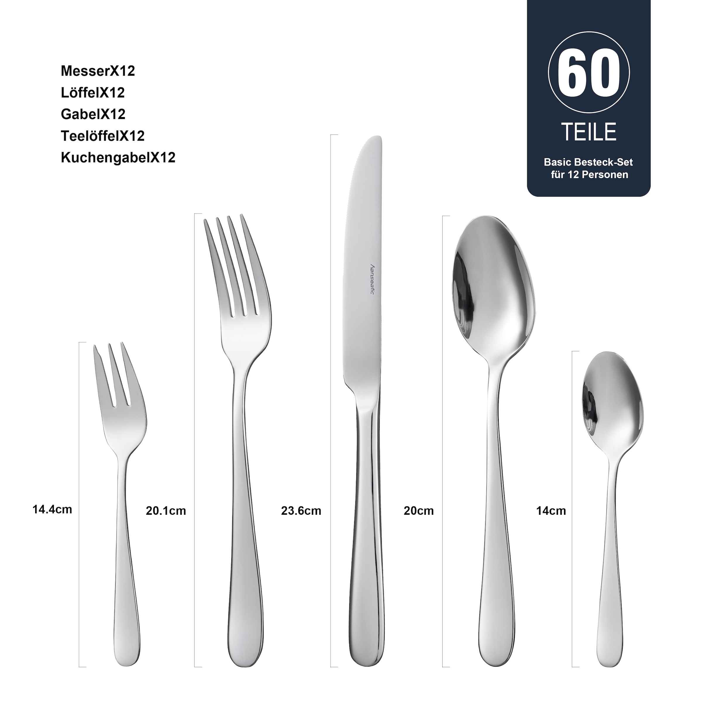 Hanseatic Besteck-Set »BASIC«, (Set, 60 tlg.), modischer Klassiker