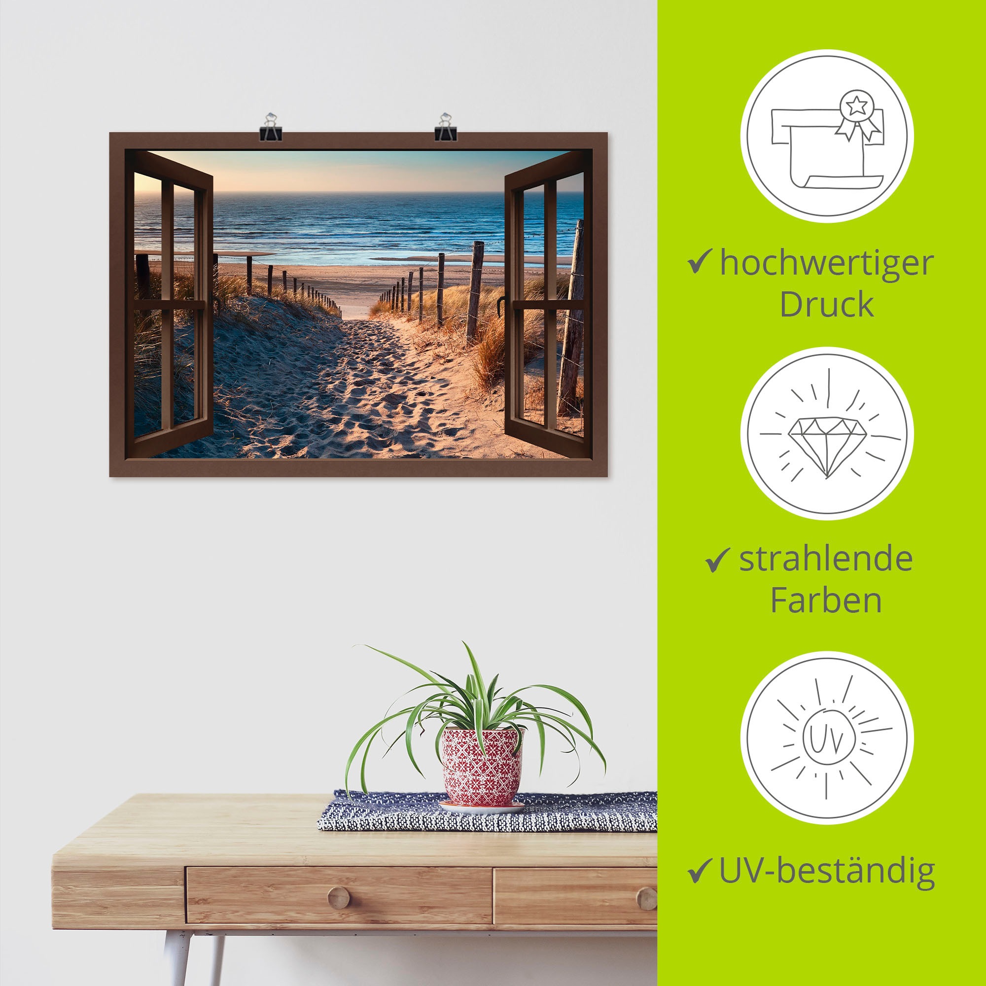Artland Wandbild »Fensterblick Weg zum Nordseestrand«, Strand, (1 St.), als Leinwandbild, Poster, Wandaufkleber in verschied. Größen