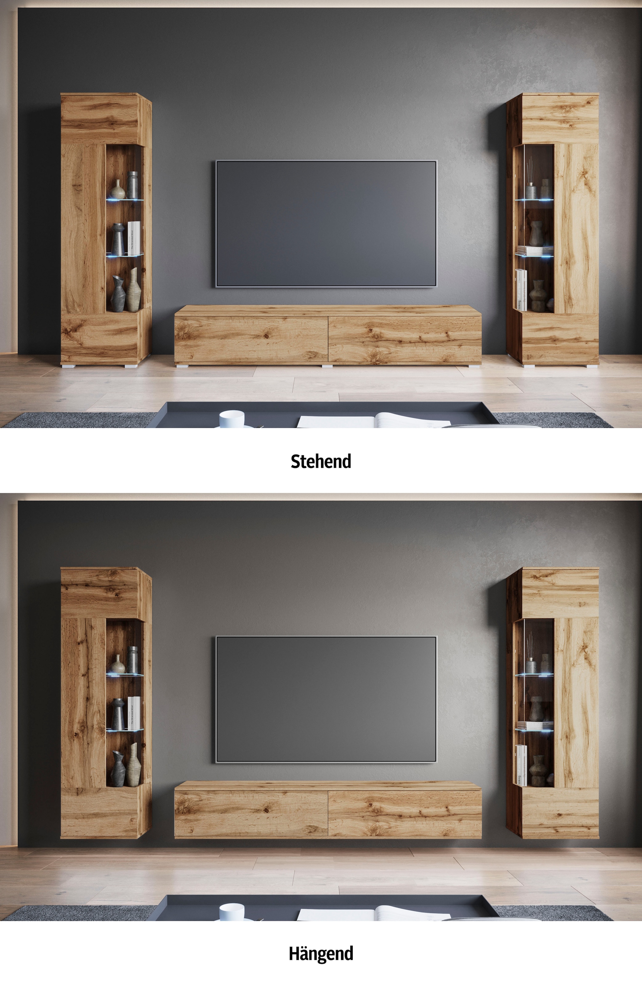 INOSIGN Wohnwand »Kenia, Vitrine Türanschlag links/rechts wechselbar«, (3 St.), Vitrinen mit Eckverglasung, hängend und stehend montierbar