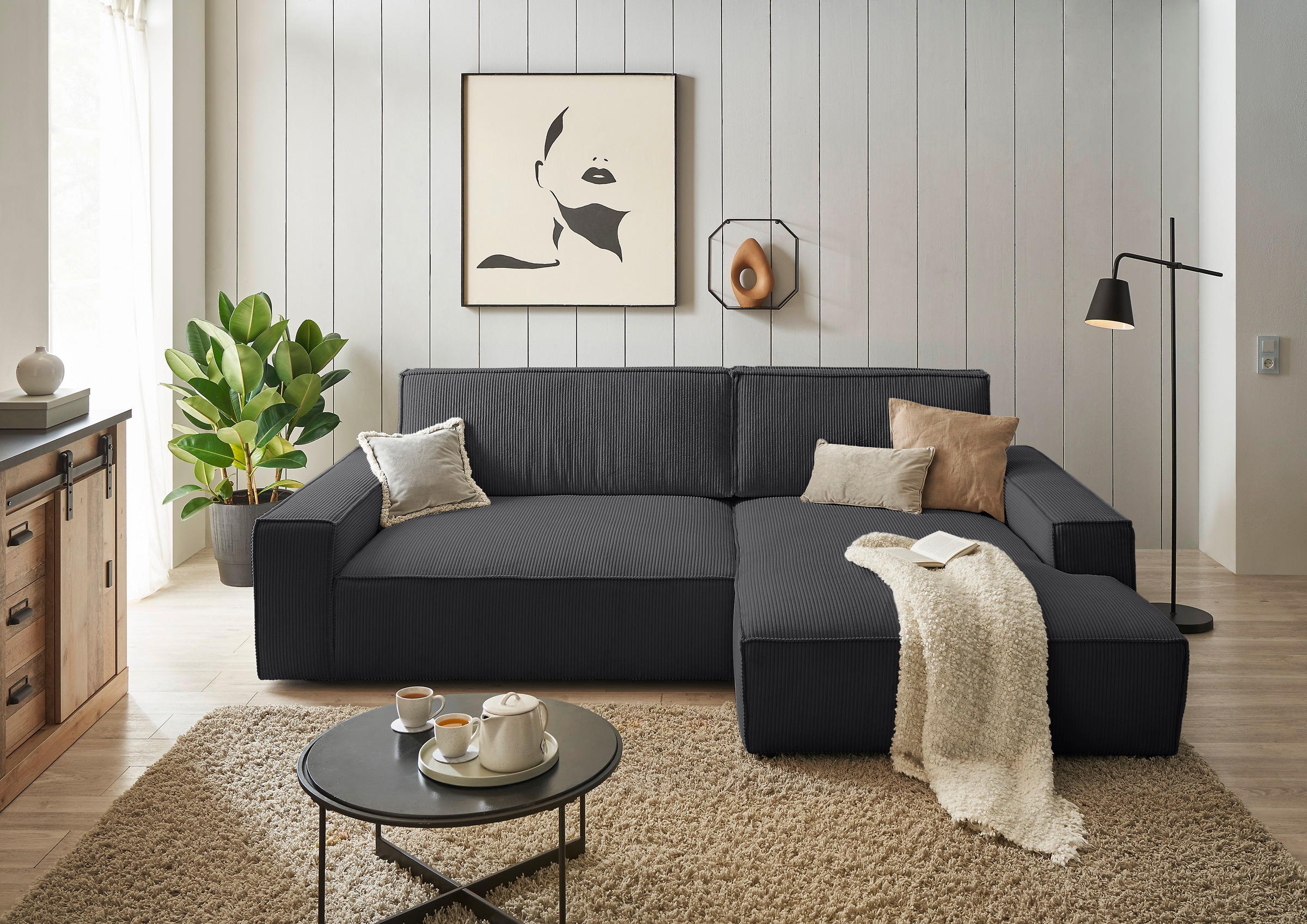 Home affaire Ecksofa »NEU: SHERWOOD XXL 284, Big-Sofa L-Form, tiefe Sitzfläche 95 cm, Cord« Recamiere rechts/links, als Schlafsofa stellbar, Cord u. Leinenoptik