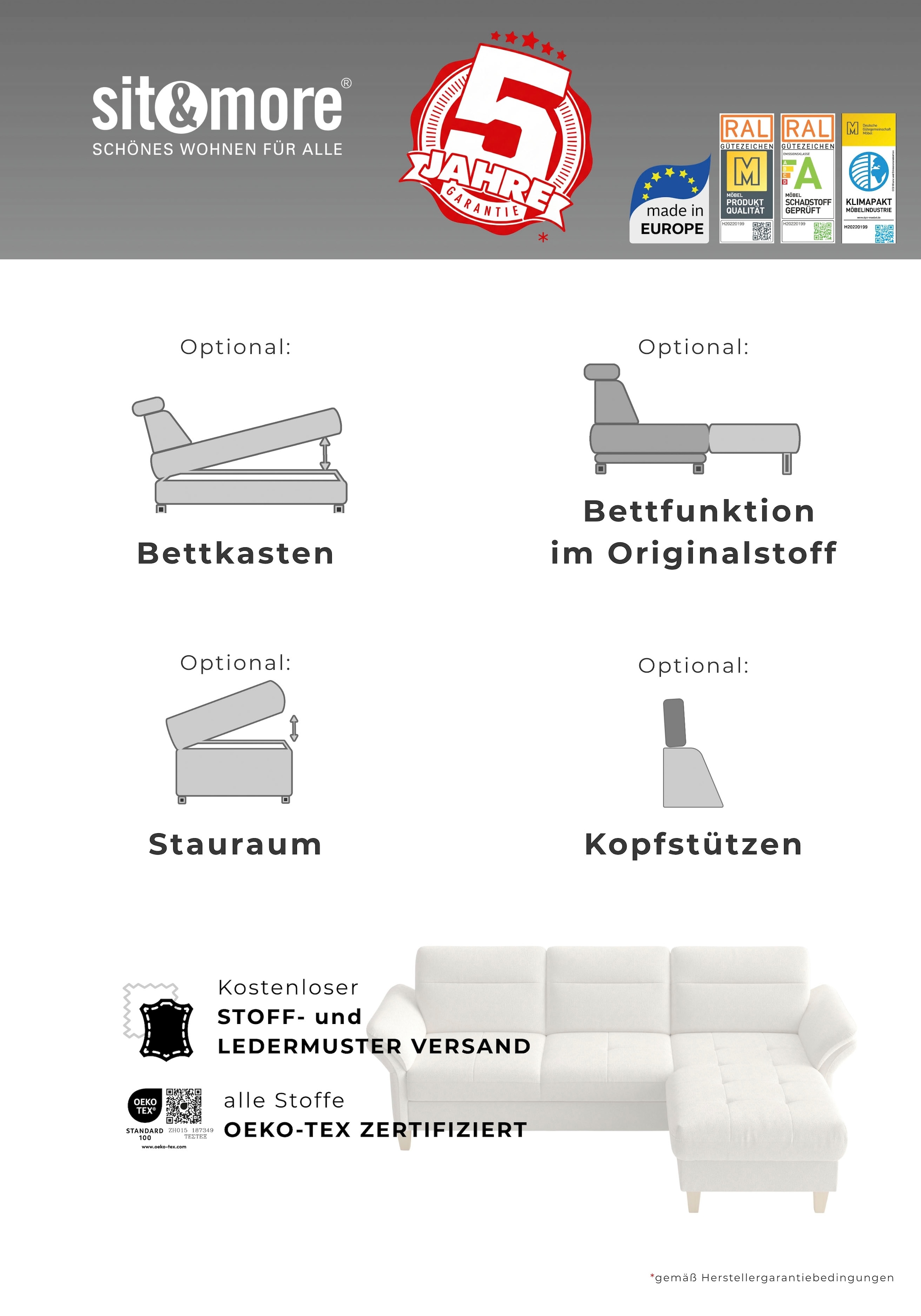 sit&more Wohnlandschaft »Pamela U-Form, B: 292 cm, optional Schlaffunktion & Bettkasten« wahlweise mit Armteilverstellung, Sofa mit Federkern, Sitzhöhe: 48 cm
