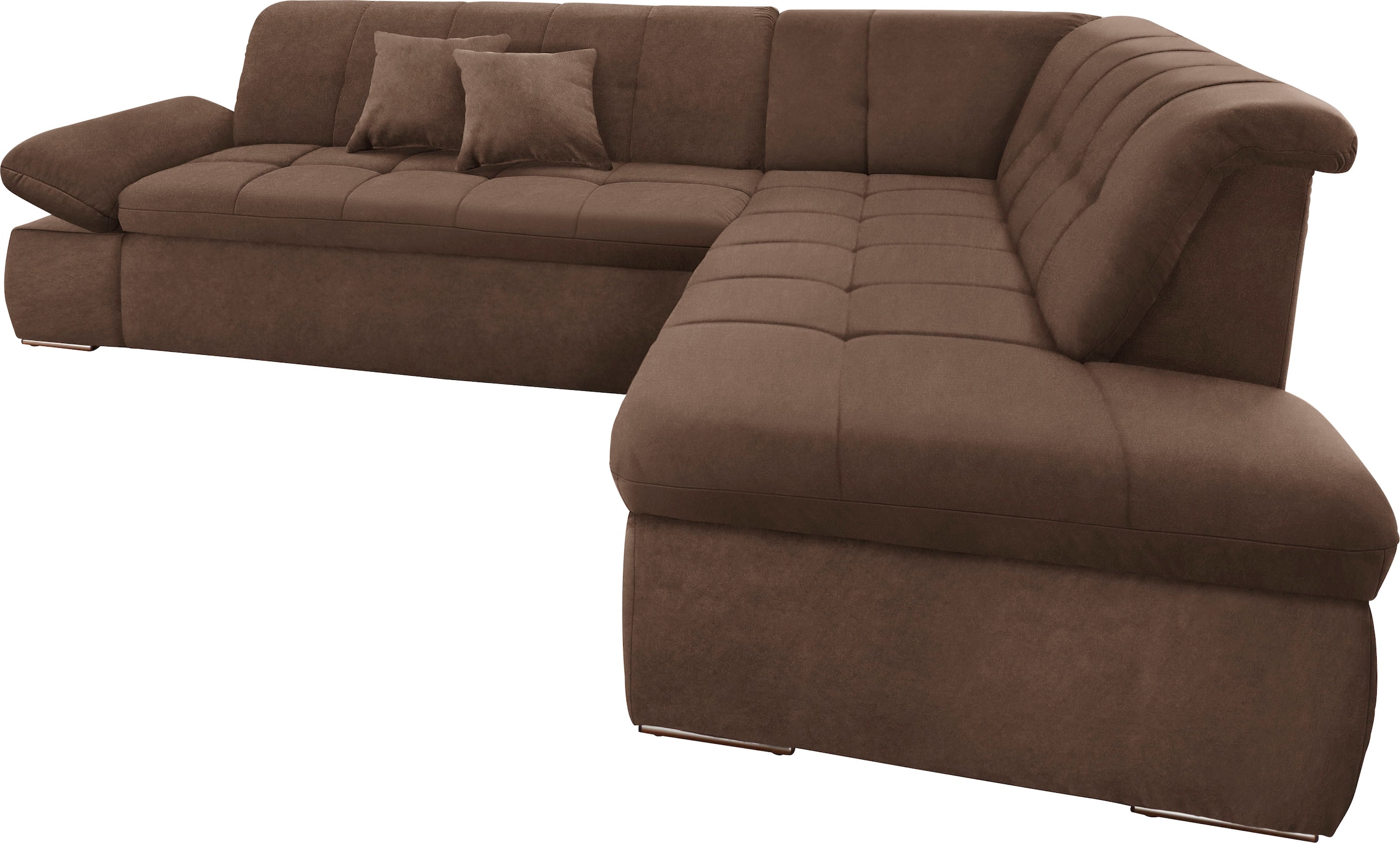 DOMO collection Ecksofa »NMoric incl. Zierkissen B/T/H:  273/216/80 cm L-Form« Ottomanen-Abschluss, wahlweise mit Bettfunktion und Armlehnverstellung
